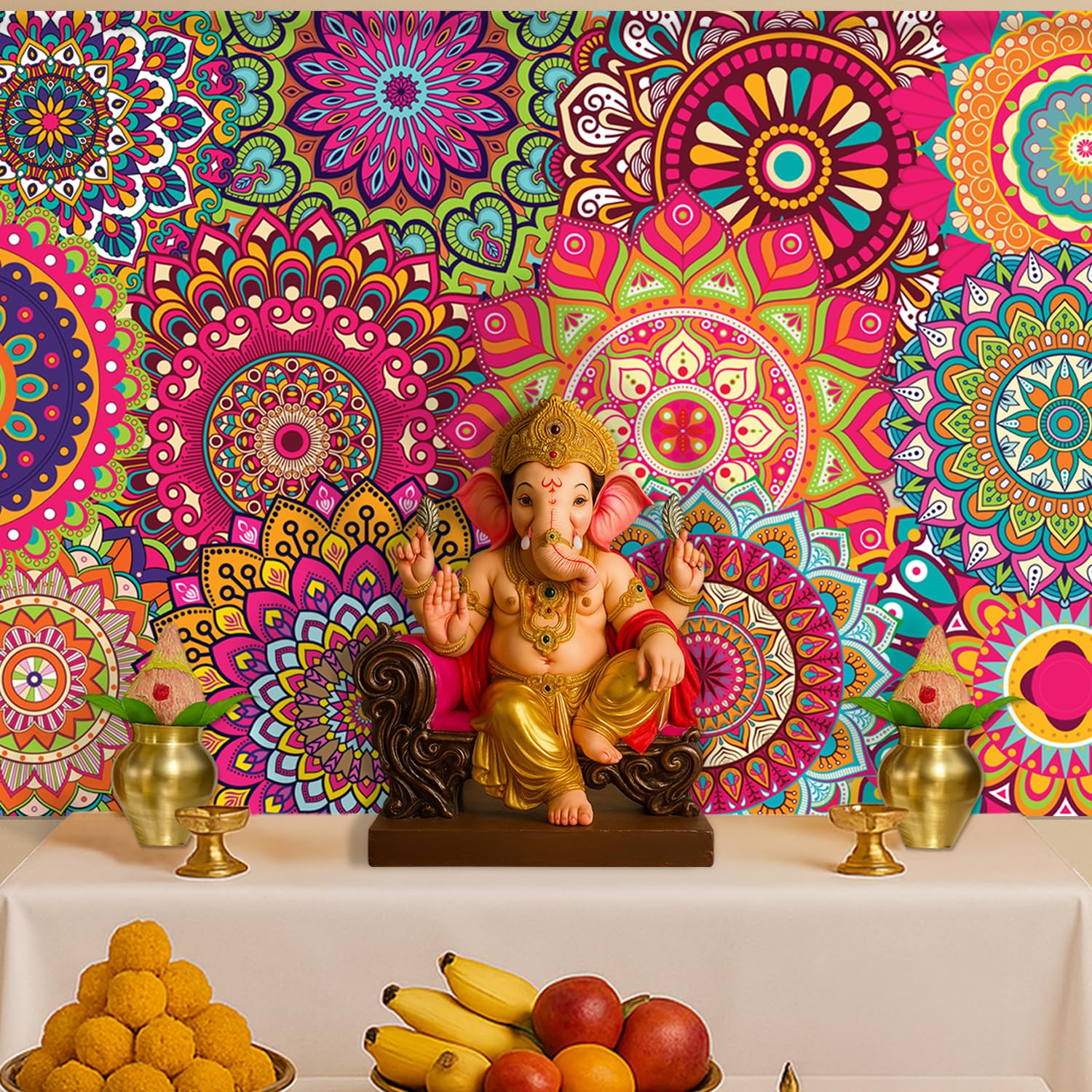 Party Propz Mandala Print Ganpati Decoration Backdrop - 1pc (8 * 5ft) Ganpati Decoration Setup for Home, Backdrop Cloth for Decorations Pooja, Background Decorations Item (Cloth Banner)-image-17