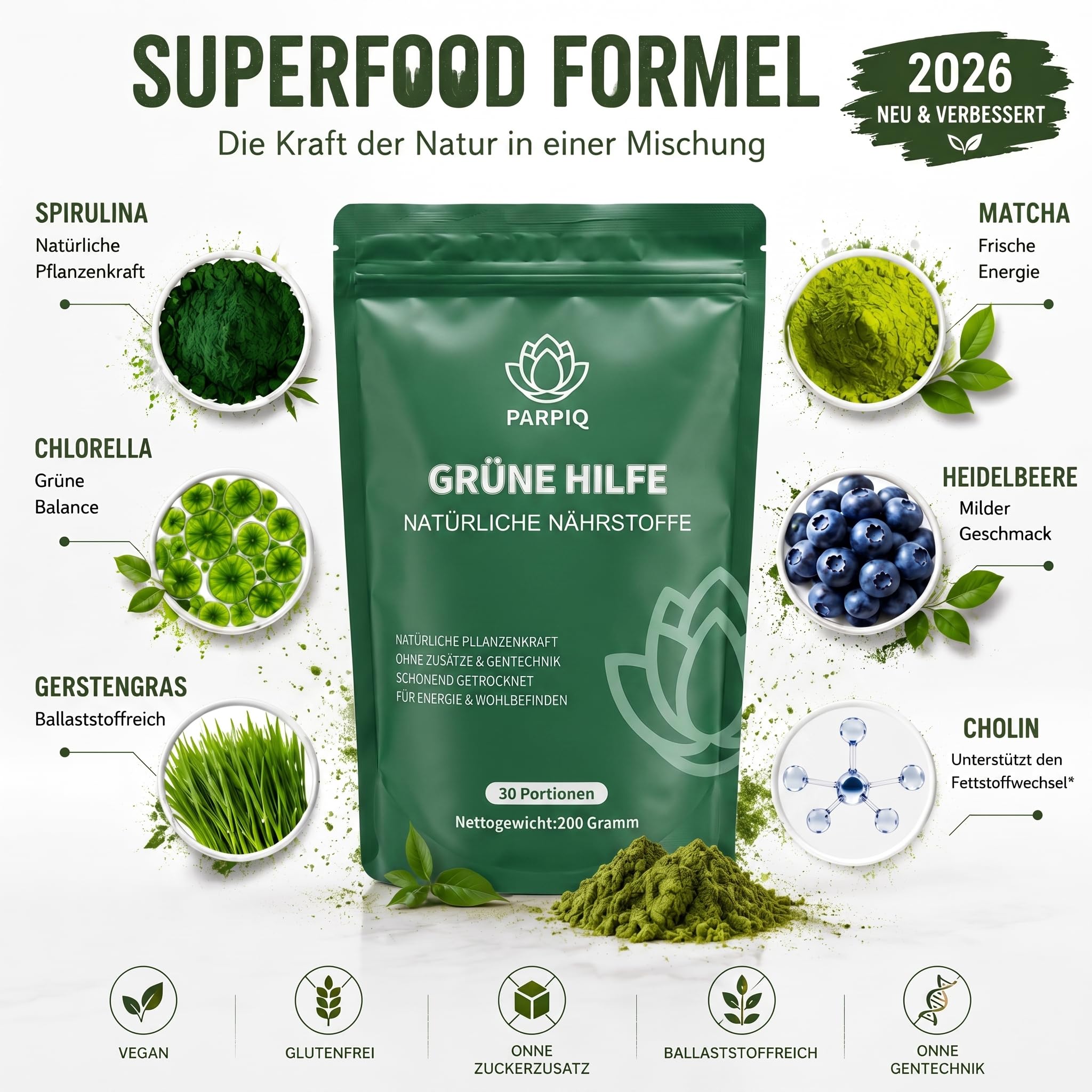 2 Pack Grüne Entgiftungspulver 400g, 2026 Neu Grüner Super Helfer mit Cholin, Gerstengras, Spirulina, Chlorella, Matcha & Heidelbeere, reich an Ballaststoffen und Mikronährstoffen, vegan & glutenfrei