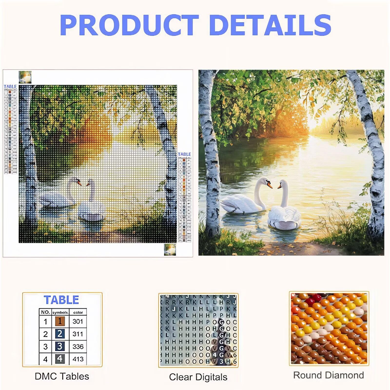 5D Diamond Painting Kit Completo, Diamond Painting Paesaggio DIY Hobby Creativi Adulti Pittura Diamante Strass Mosaico Kit per Bambini Principianti, Decorazioni Casa Parete Regalo Cigno 70x70cm FX#319