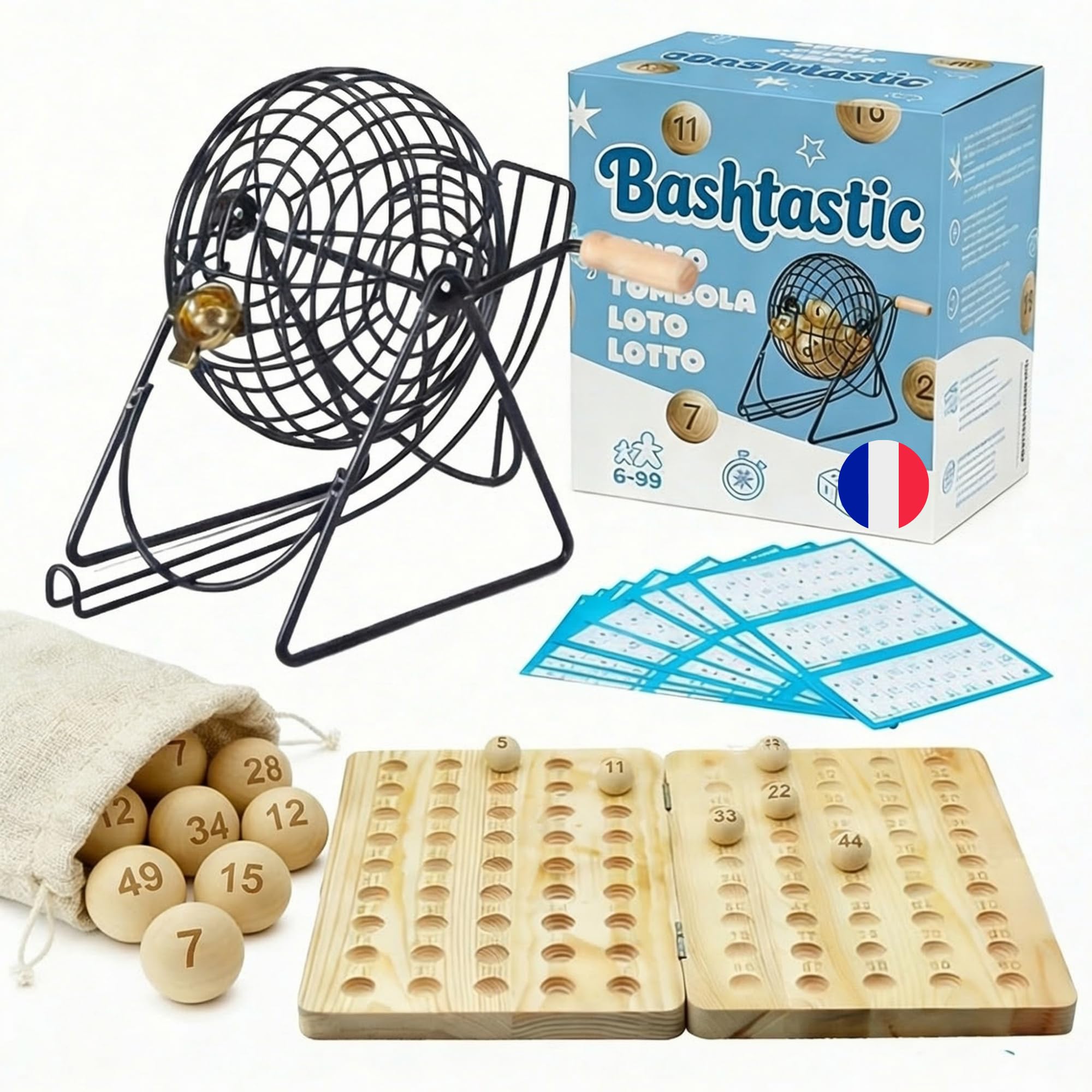 Bingo Jeux Loto - Bingo avec Boulier Loto Métallique, Tableau en Bois Pliable Gravé, 90 Boules en Bois Gravées et 102 Cartons Loto Réutilisables. Idéal pour Jouer en Famille et Entre Amis