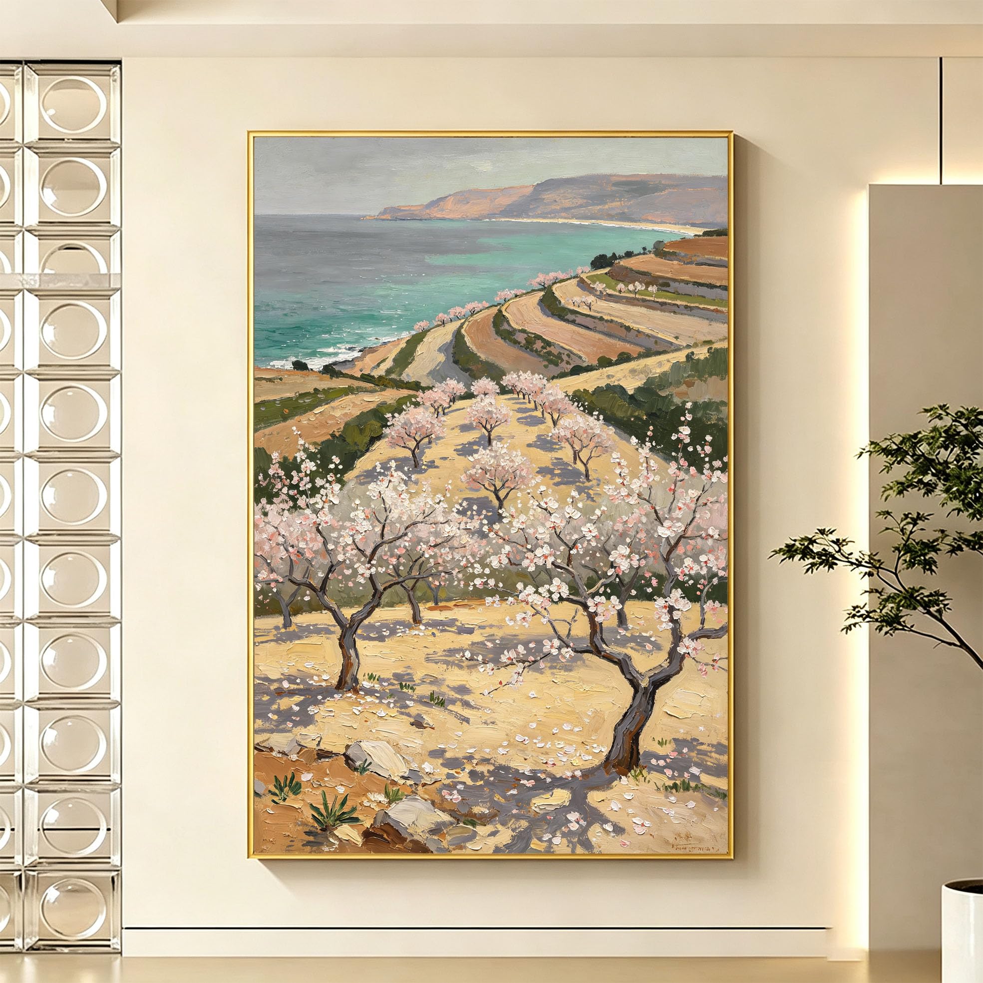 Wandbild Küstenlandschaft Ölgemälde 100% Handgemaltes Ölgemälde Pfirsichblütenwald Rahmenlose Leinwand Wandkunst Für Wohnzimmer Heimdekorationen 50X70Cm (20X28Inch)