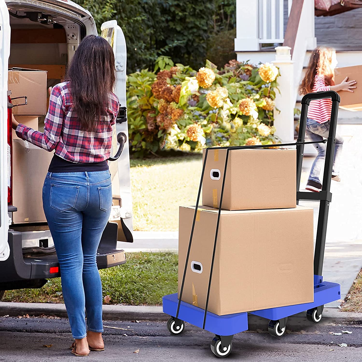 Carrello a mano pieghevole resistente con piattaforma regolabile a 6 ruote e maniglia retrattile, capacità 400 kg, ideale per casa, giardino, magazzino e uso agricolo.