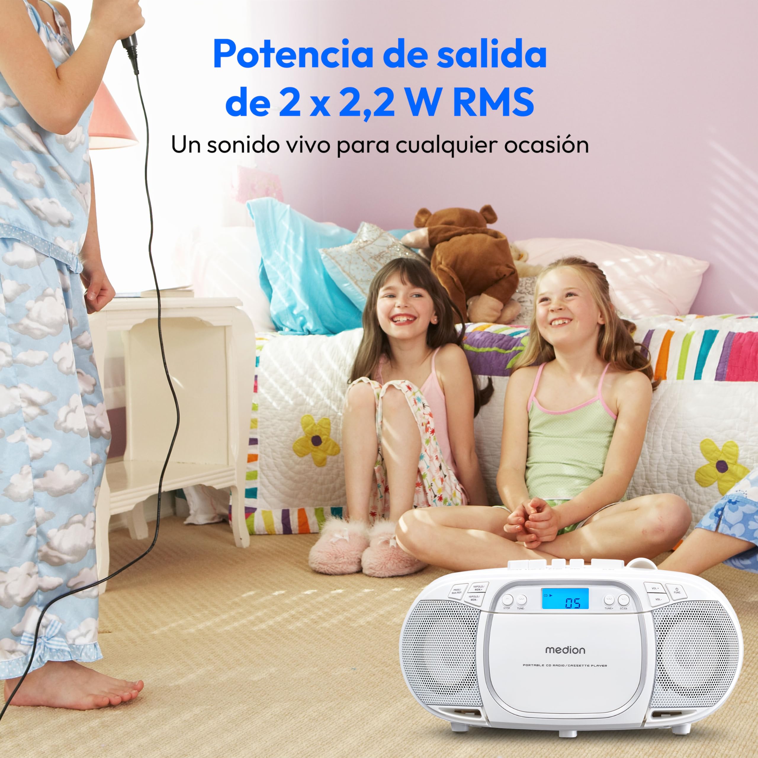 MEDION E66476 Sistema de Sonido estéreo (Boombox, Reproductor de CD, MP3, Cassette, Reproductor de Cassettes portátil para niños, Radio FM, AUX, Auriculares, Red y batería) Blanco