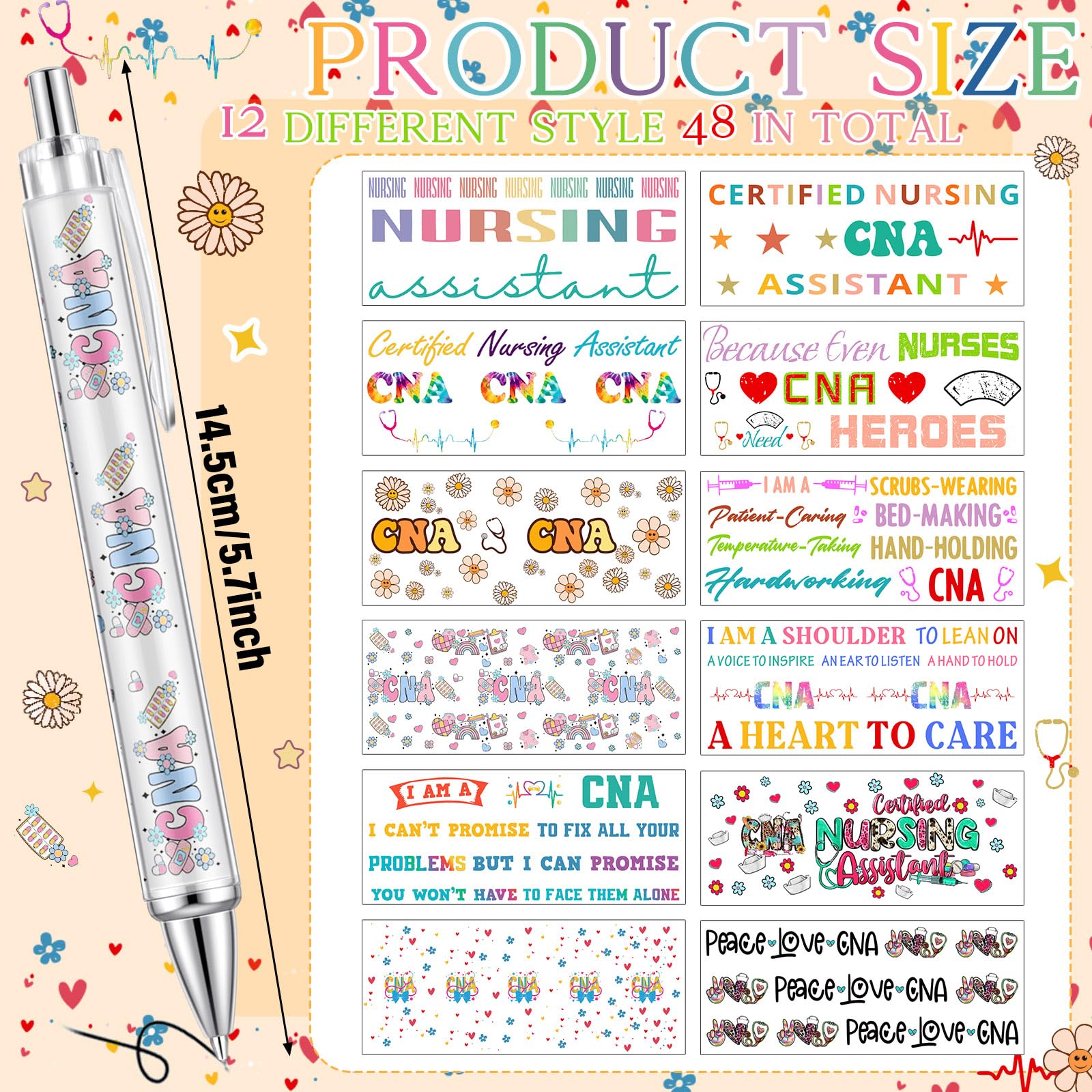 Motipuns 48 Pcs National Nursing Assistant Week Pens CNA Week Gifts Bulk Medical Assistant Nursing Essential Nurse Party Favors Ballpoint Pen CNA Medical Item for Work Women Office Holiday Supplies