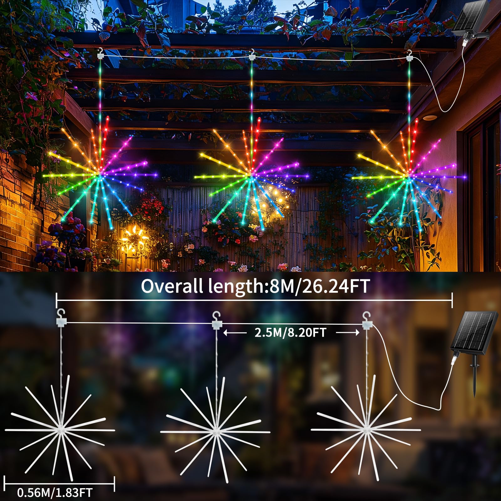 2500mAh RGB Luci solari da giardino per esterni 3 Stücke Farbwechsel Fuochi d'artificio da Giardino Esterno mit Wasserdichte Teleaufladbare Timer Hangende luci solari per fuochi d'artificio für Gazebo