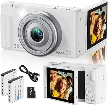 True 5K Digital Camera for Photography, Autofocus 80MP with 18X Digital Zoom 3" 270 Flip Screen Dual-Lens Selfie Camera for YouTube Vlogging & Content Creation, 2 Batteries, 32GB Card & Flash,White