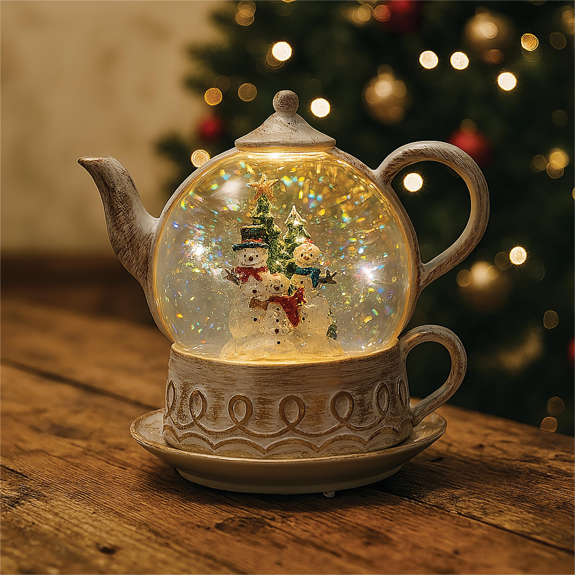 Xmas Haus Warm White Snow Swirl Festive Christmas Glitter Led Teapot Leds, Battery Operated Indoor Holiday Decoration