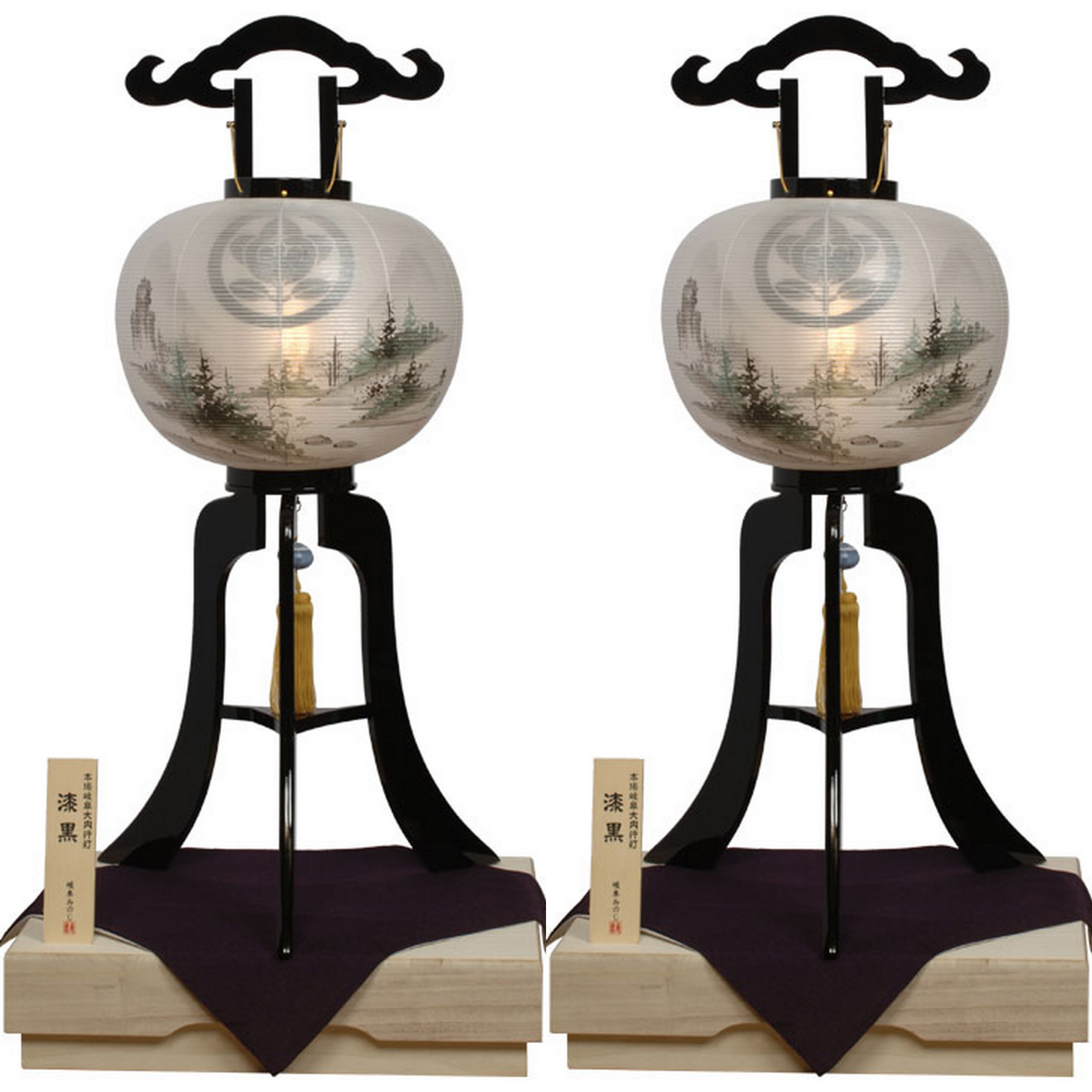 Amazon | 家紋大内行灯 13号聖山山水黒塗り 絹二重+桐箱（一対  