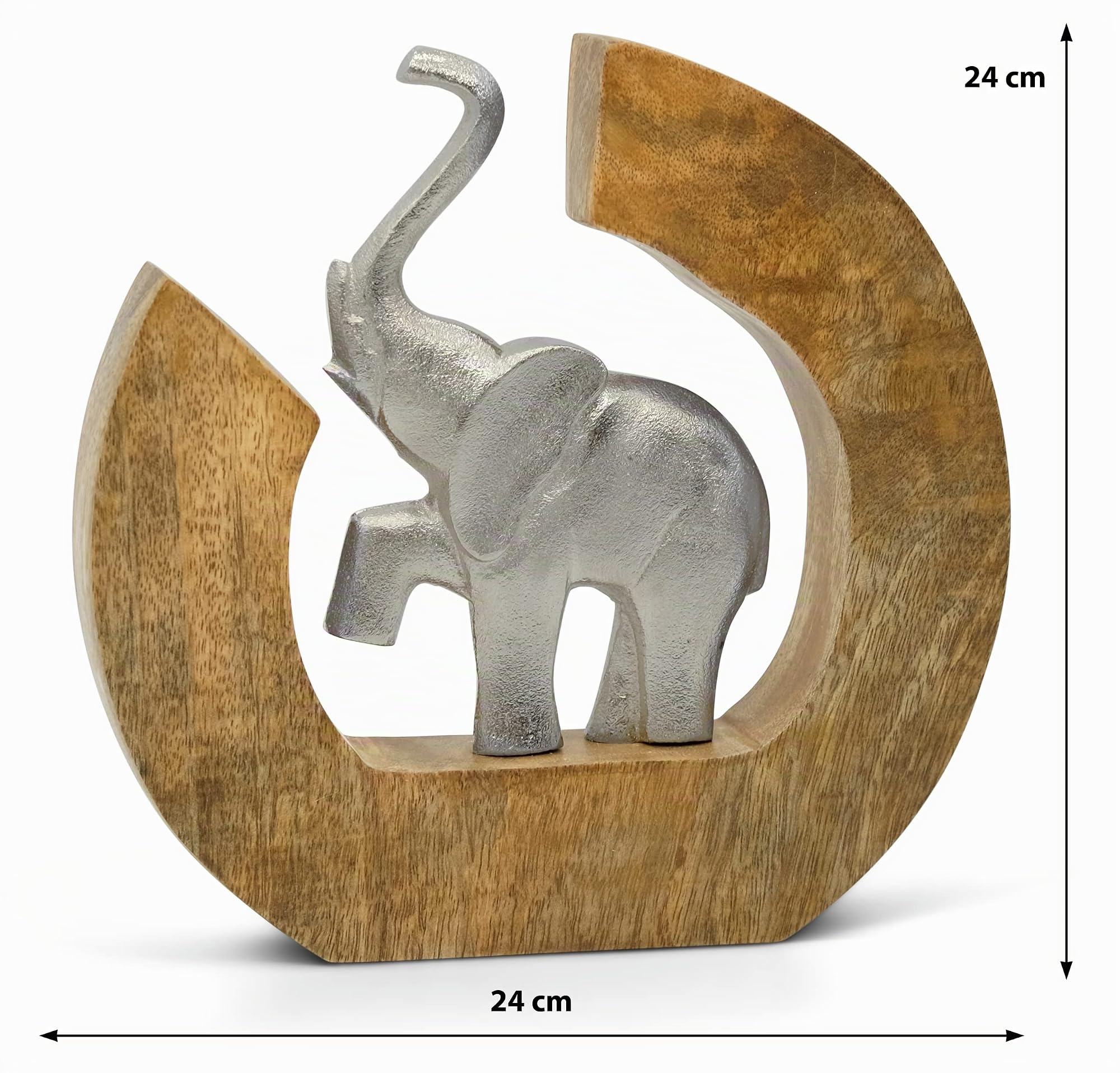 Escultura «Círculo de la Vida» - Moderna Figura Deco de Elefante Hecha a Mano de Aluminio en Madera de Mango - Elefante Plateado de Metal de 24 cm de Altura - Estatua