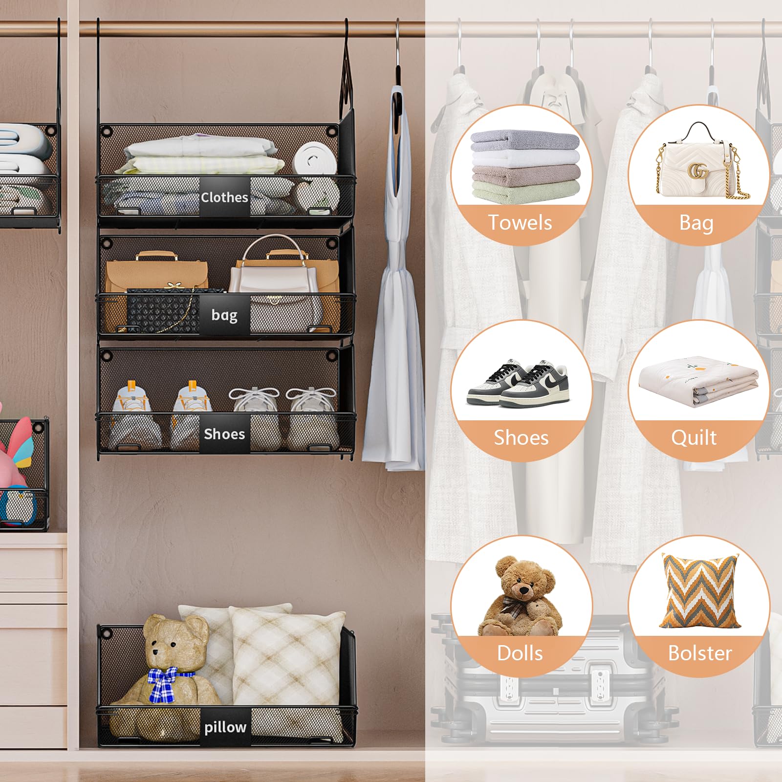 Dscabomlg Closet Hanging Organizer, 3 Tier Hanging Closet Organizers and Storage, Foldable Hanging Closet Shelves with Name Plate,Metal Closet Hanging Basket (Black-3 Tier)