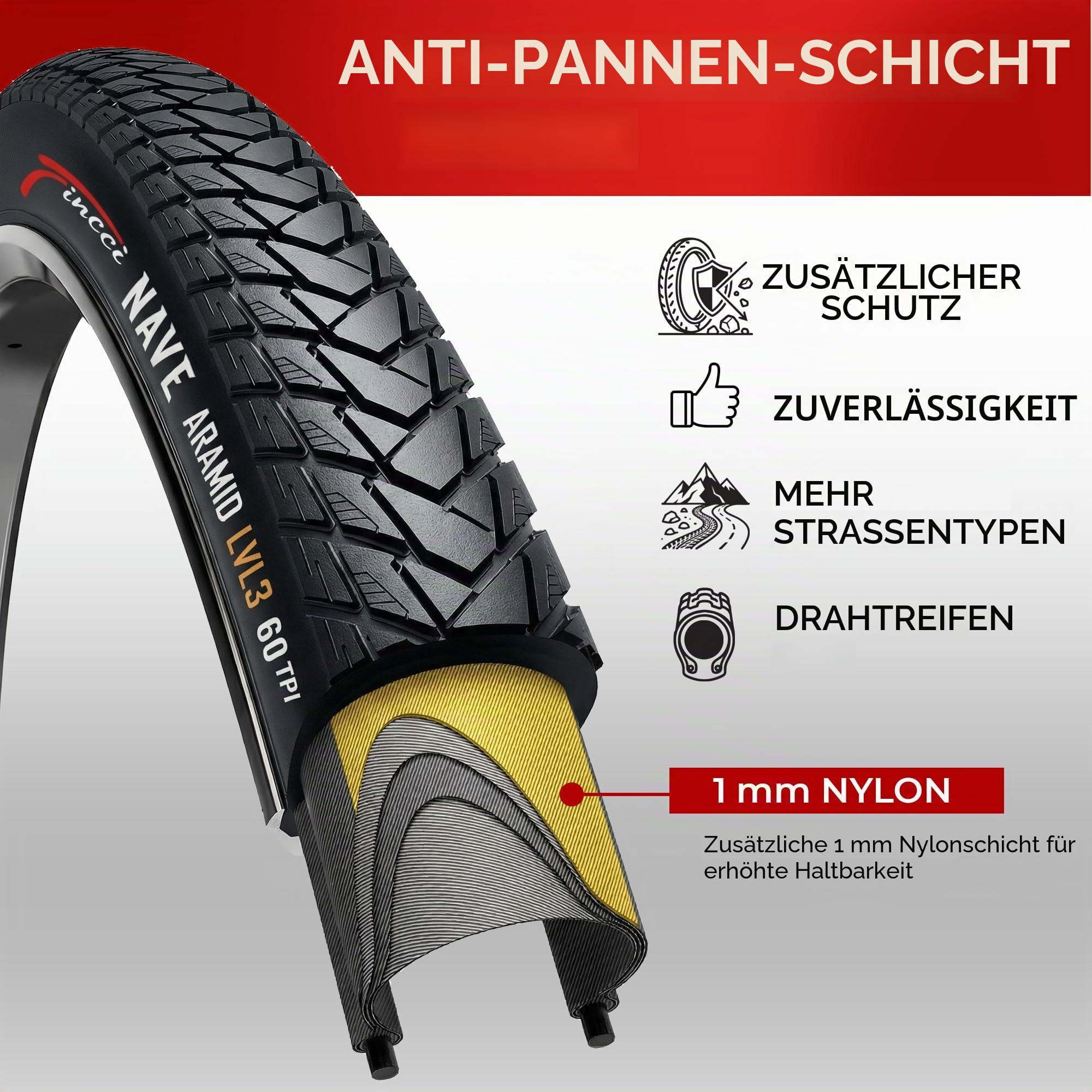 Fincci Nave Urban 700x45c Fahrradreifen 28x1,75 (47-622) - 2er Set Faltbare Aramid 28 Zoll Reifen mit 1mm Pannenschutz - Leichte City, Trekking & Hybrid Reifen 60 TPI