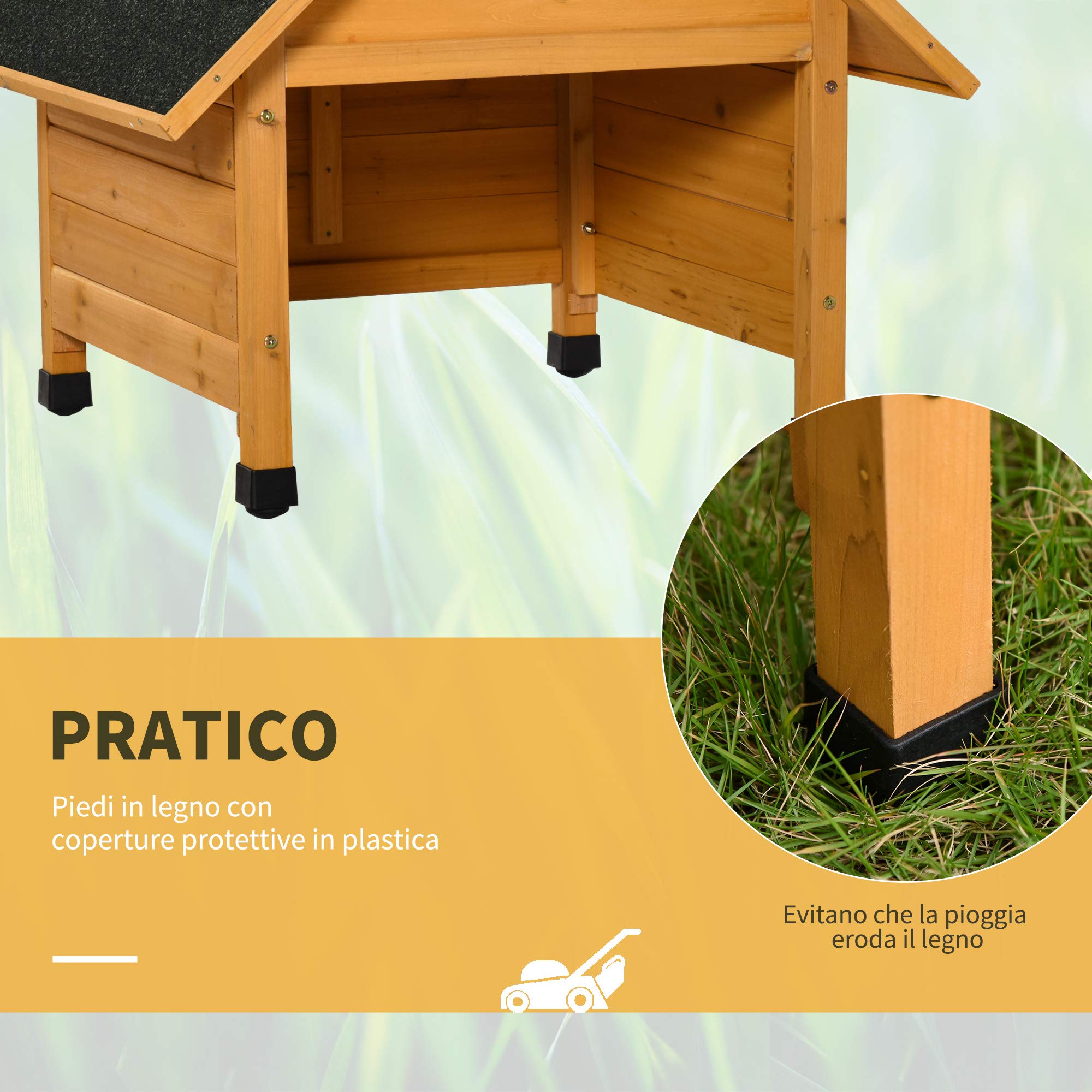 Outsunny Casetta per Robot Tagliaerba in Legno con Piedini Rialzati Tetto Inclinato Impermeabile e anti-UV, Giallo, 75x76x70cm