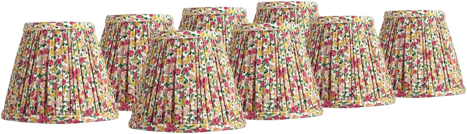 Nelle 3 1/2" Top x 6" Bottom x 5" High x 5" Slant Print Cottage Core Lamp Shade Replacement Set of 8 Small Red Yellow Empire Farmhouse Country Fabric Pleated Floral Clip On Candelabra - Springcrest