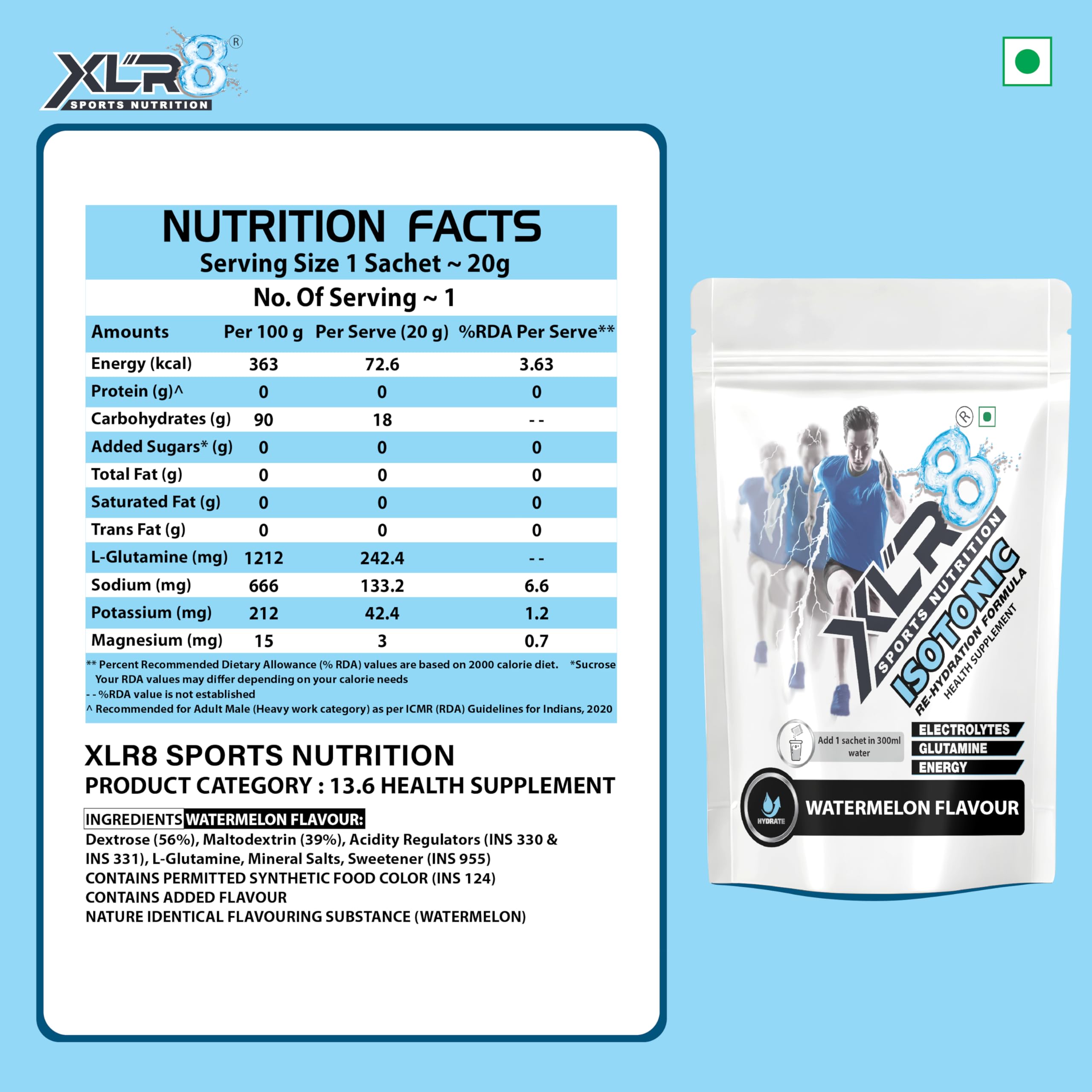 XLR8 Electrolytes Powder 20g (15 Servings ) with Shaker | High Performance Isotonic Sports Hydration & Energy Drink Mix with Sodium, Potassium, Magnesium, Glucose & Glutamine | Instant Rehydration for Workout, Running & Endurance |Watermelon 2
