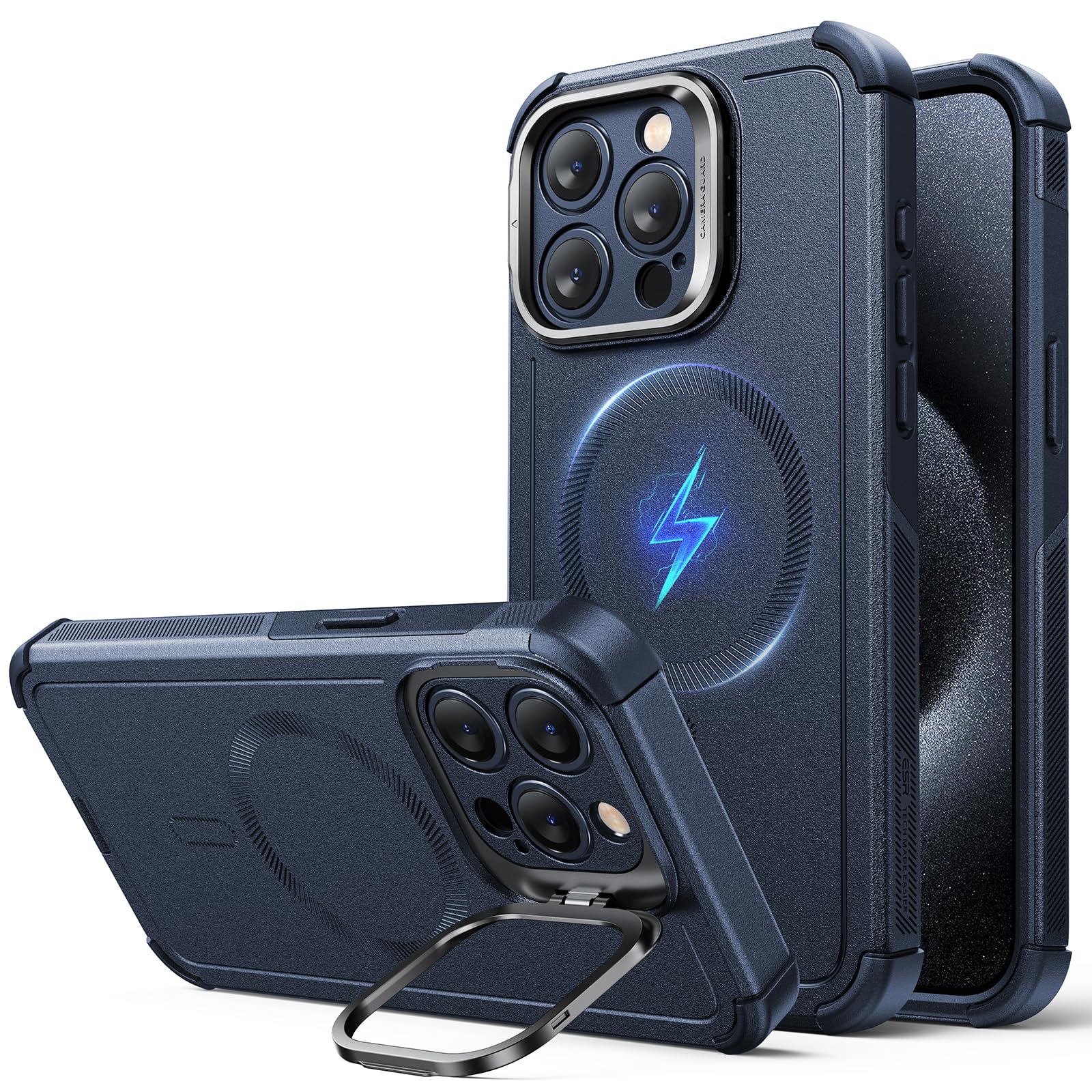Photo 1 of ESR for iPhone 15 Pro Max Phone Case with Stand, 23ft Military-Grade Drop Protection, Heavy Duty Magnetic Phone Case, Compatible with MagSafe Accessories, Cyber Series, Blue