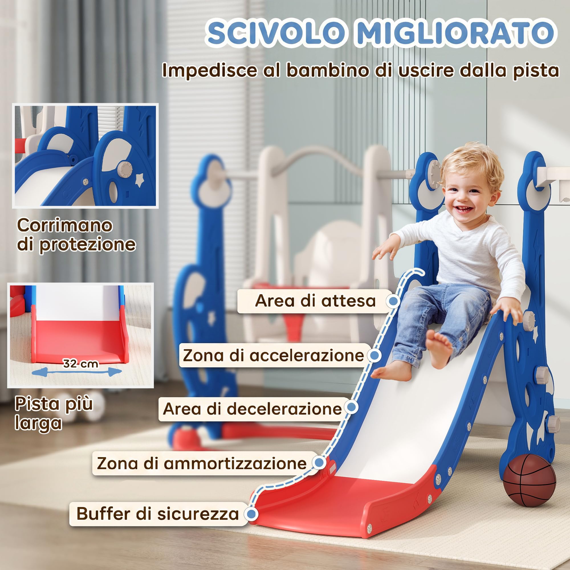 Qaba 4-in-1 Kletterrutsche mit Basketballkorb, 1,5-4 J., dunkelblau | Baby-Kinder Indoor-Rutsche-Schaukel-Set, Indoor-Spielplatz, für Jungen Mädchen Kleinkind, Raketen-Thema