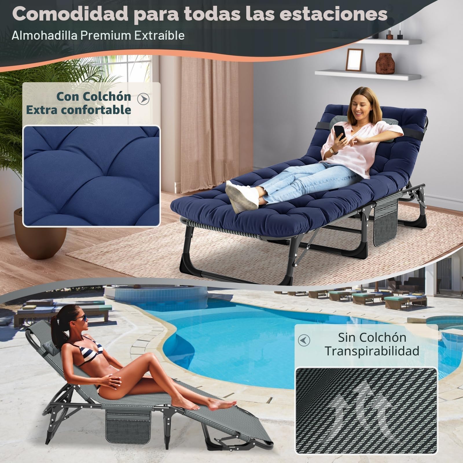 MOPHOTO - Tumbona plegable de 5 posiciones, portátil, para exterior, perfecta para piscina, playa, patio, baño de sol