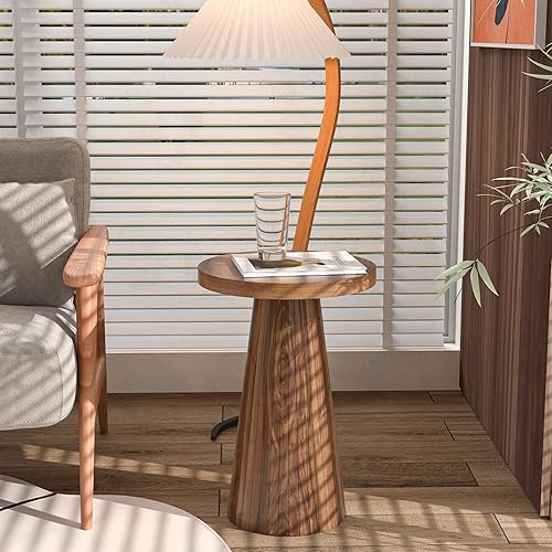 Miniatura 1 de Pequeña mesa auxiliar redonda con pedestal, mesa auxiliar de madera para sala de estar, mesa de bebidas acanalada para espacios pequeños, mesa