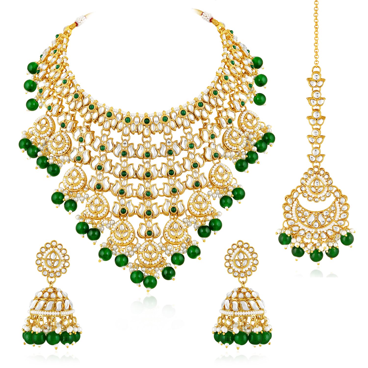 peora Gold Plated Kundan & Green Beads Studded Necklace Jhumki Earrings Maangtikka Ethnic Jewellery Set Gift for Women-picture-45