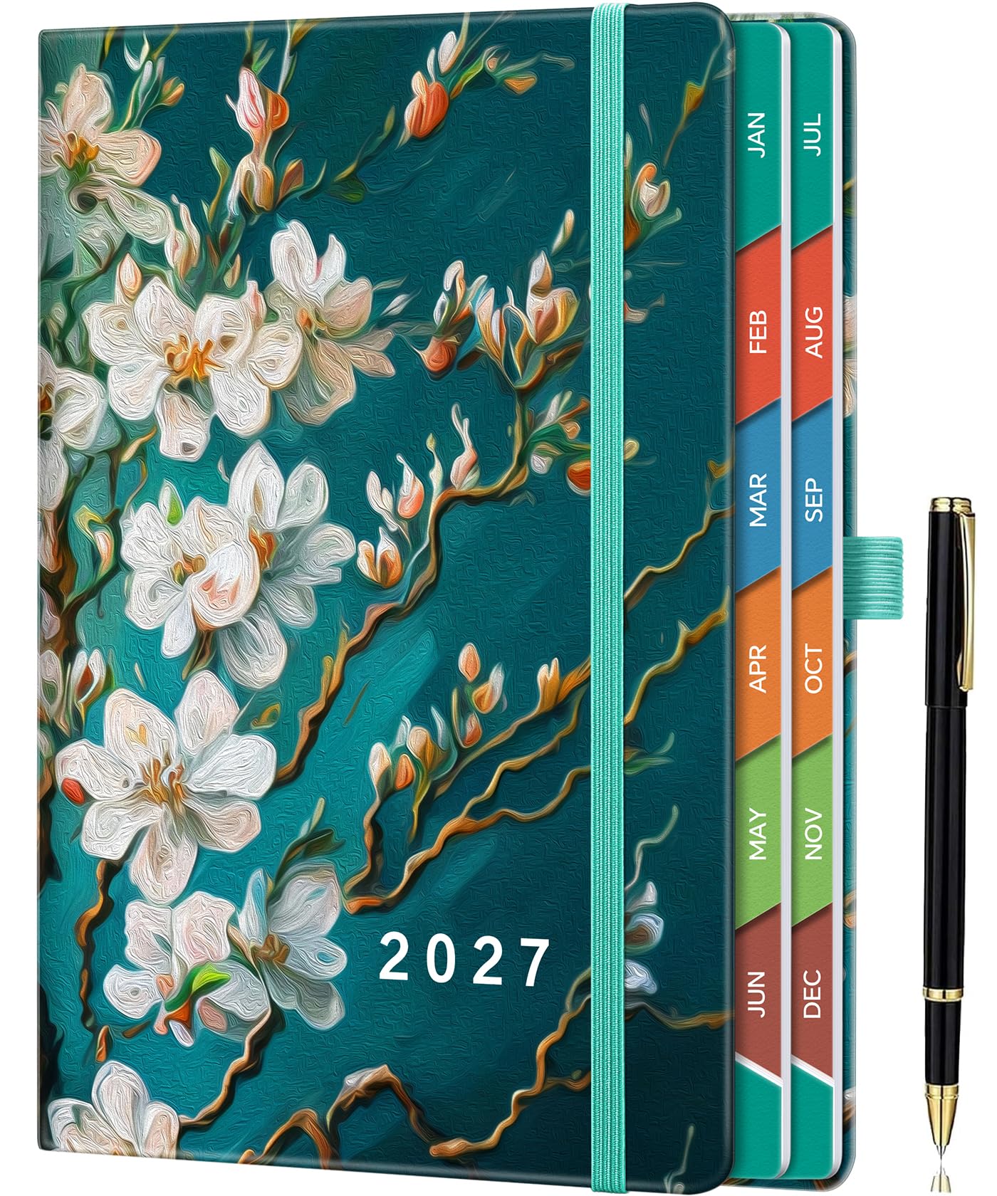 ZXHQ 2027 Diary Page a Day A5, Full Year Daily Planner, from Jan - Dec 2027 with Monthly View, 5.9" × 8.5", Colorful Tabs, UK Holidays, Inner Pocket, 100 Gsm Paper, Pen Set - Emerald Blossom