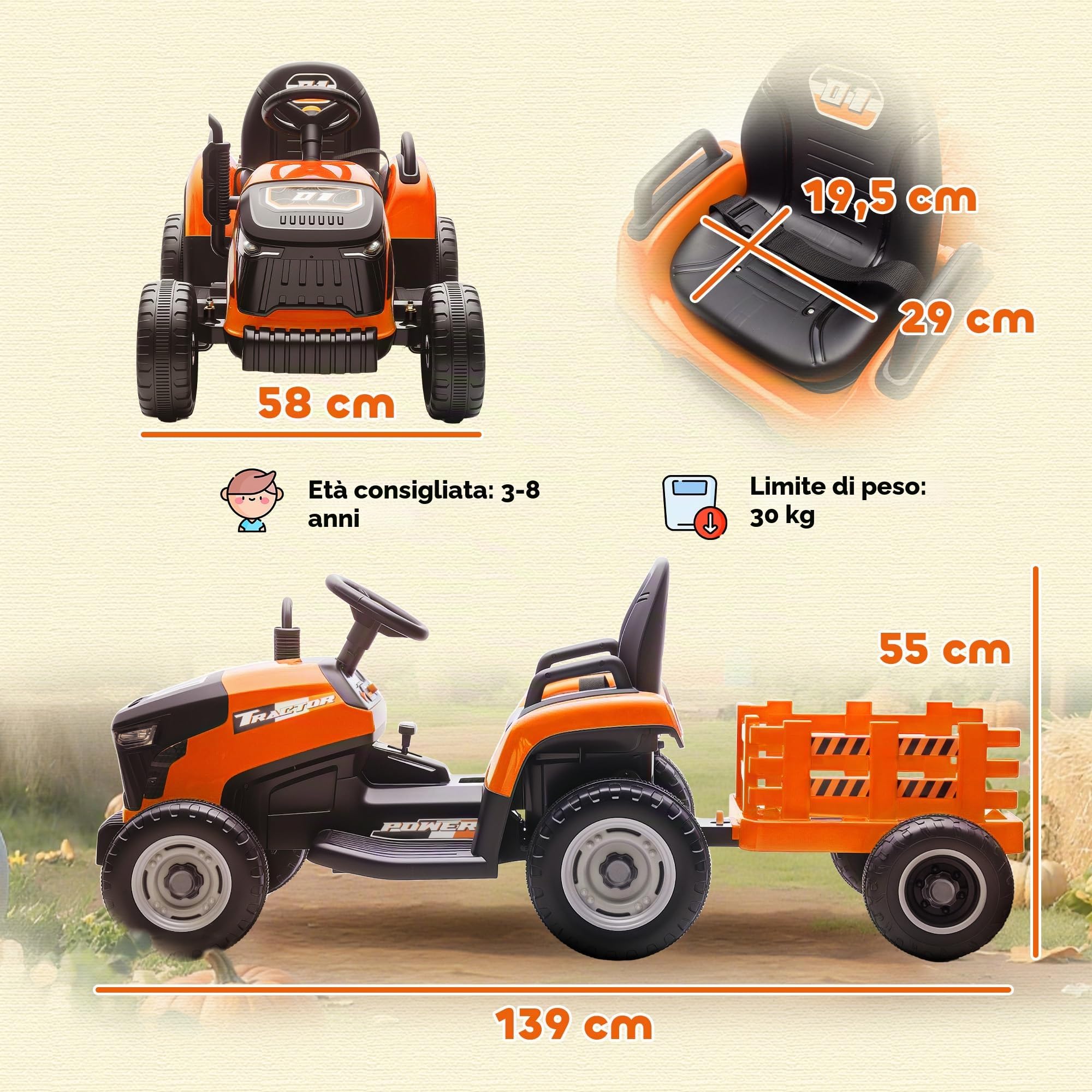 AIYAPLAY Trattore Elettrico Bambini Rimorchio 2 Motori 3-5 km/h Arancione | Trattore elettrico con telecomando, 3 velocità, musica, clacson, avvio morbido, suono avviamento, età 3-8.