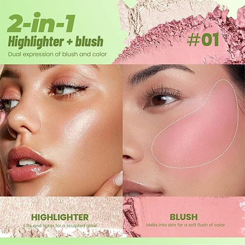 Noerrors Highlighter & Blush Palette Duo,2-In-1 Lightweight Cheek Glow Kit, Pink Cheeks Face Glow Highlight,Long-Lasting Natural Finish, All Skin Tones,Silky Powder Formula with Mirror, Face Makeup#01(Peach Nude)