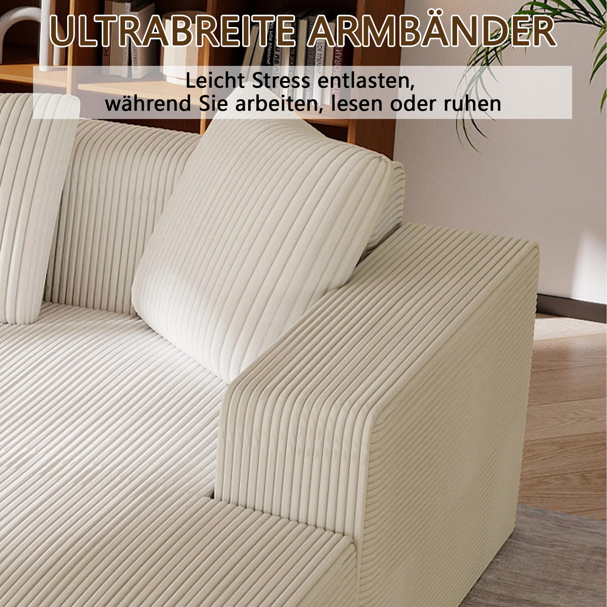 Sofá esquinero modular de 261 cm, sofá de 3 plazas comprimido con chaise longue profunda y 4 cojines, sofás combinados de espuma viscoelástica para sala de estar, apartamento, color blanco