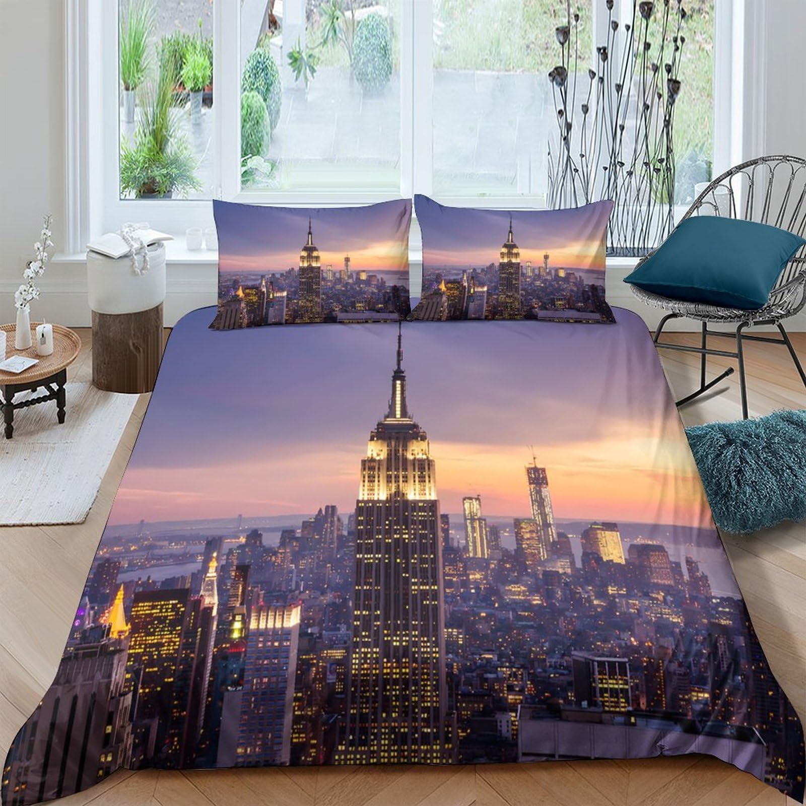 Ctjqhvkz Style-10 3D Printed New York Skyline Fitted Sheet Microfiber Soft Urban Sunset Bed Cover For Bedroom Dorm Mattress Decor Single（135X200cm）