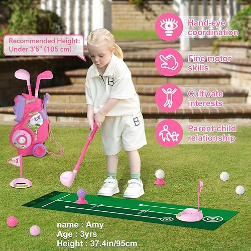 Miniatura 5 de Juego de palos de golf para niños de 2, 3 y 4 años, juego de palos de golf para niños con carrito y tapete de puting, juguetes deportivos para