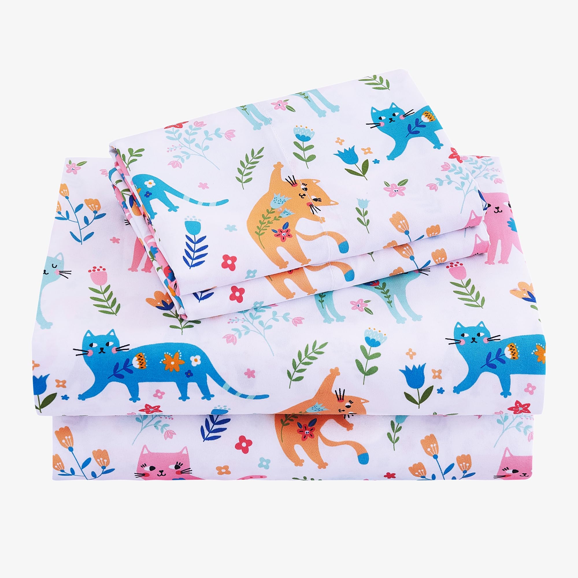 Viviland 4 Pieces Girls Pink Cat Full Sheet Set - Soft Microfiber Fitted Flat Sheets &amp; Pillowcase - Kids Colorful Floral Leaf Print Bedding Sets - for Kids &amp; Toddlers