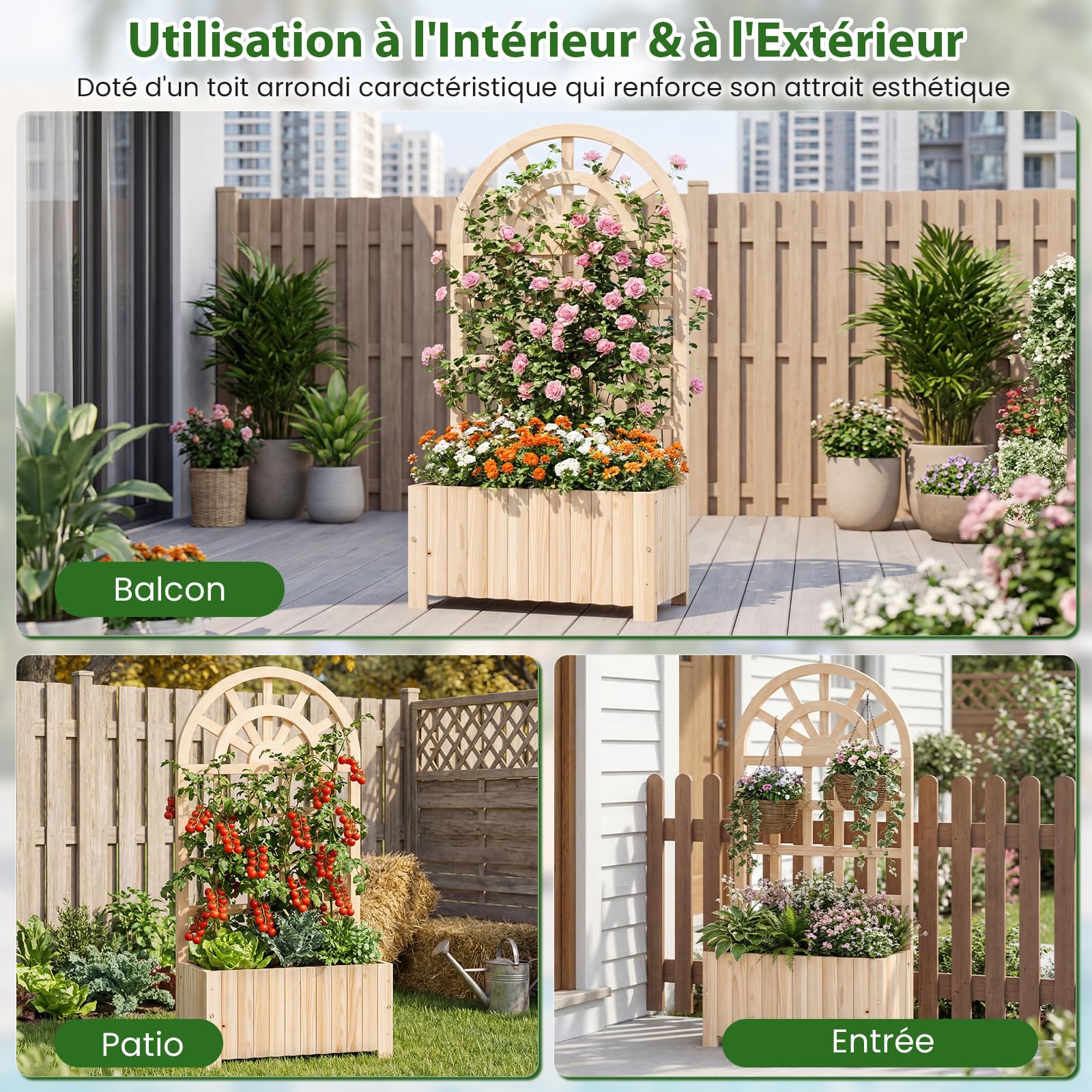 COSTWAY Jardinière en Bois avec Treillis, Lit de Jardin Surélevé avec Écran d'Intimité et Trous de Drainage, Bac à Fleurs d'Extérieur pour Plante Grimpante Fleurs Légumes, 61 x 30 x 121 cm (Naturel)