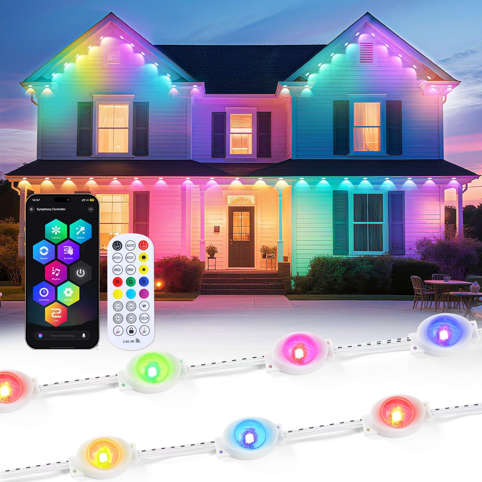 GlobaLink Illuminazione per Esterni 15M, 30 LED Intelligenti LED RGBIC, IP44 Impermeabile, Modalità Musicali con App e Telecomando per Grondaie, Tetti, Giardini