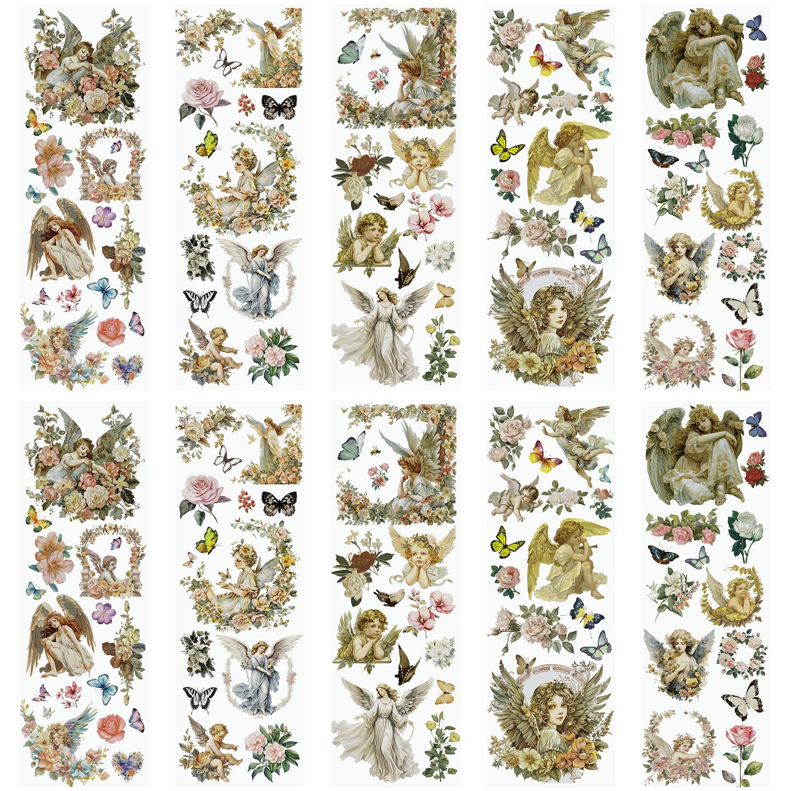 WANDIC 10 Sheets Rub On Transfer Stickers, Vintage Flower Decals Angel Theme Transfer Stickers for Furniture Table Water Bottle DIY Craft, 11.8 * 3.9in