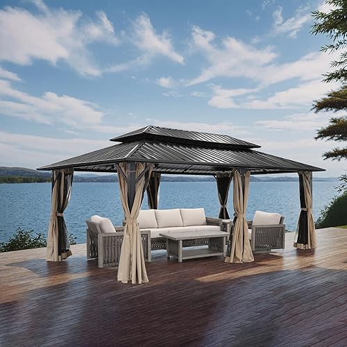 Miniatura 12 de Cenador de 12 x 16 pies con techo rígido, cenador de patio al aire libre, cenadores de patio con marco de aluminio y techo rígido con malla y Gris