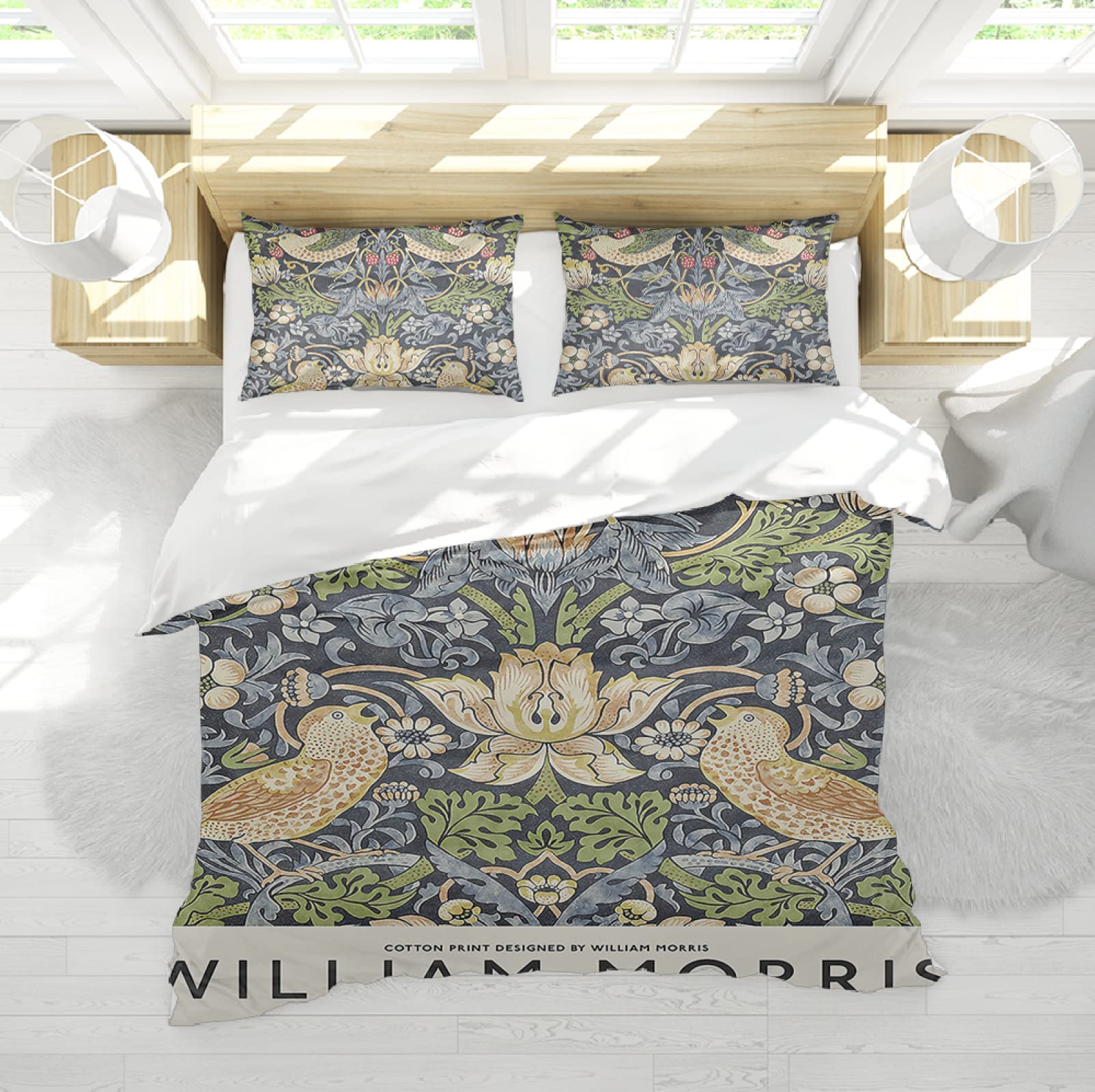 DINGSION William Morris Style Duvet Cover Set 3 Pieces Strawberry Thief Flower and Bird Soft Microfiber Bedding for Bedroom with 2 Pillow Shams Super king