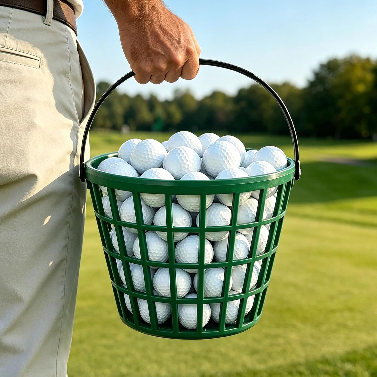 2PCS Green Plastic Golf Ball Basket and Bucket with Handle, 7.7×6.1 Inches Golf Ball Storage, Fits 40–50 Golf Balls