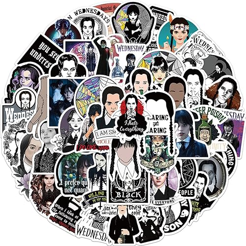 50 calcomanías Wednesday Addams para botellas de agua calcomanías divertidas de programa de televisión de terror 2022 para laptop patineta álbum de