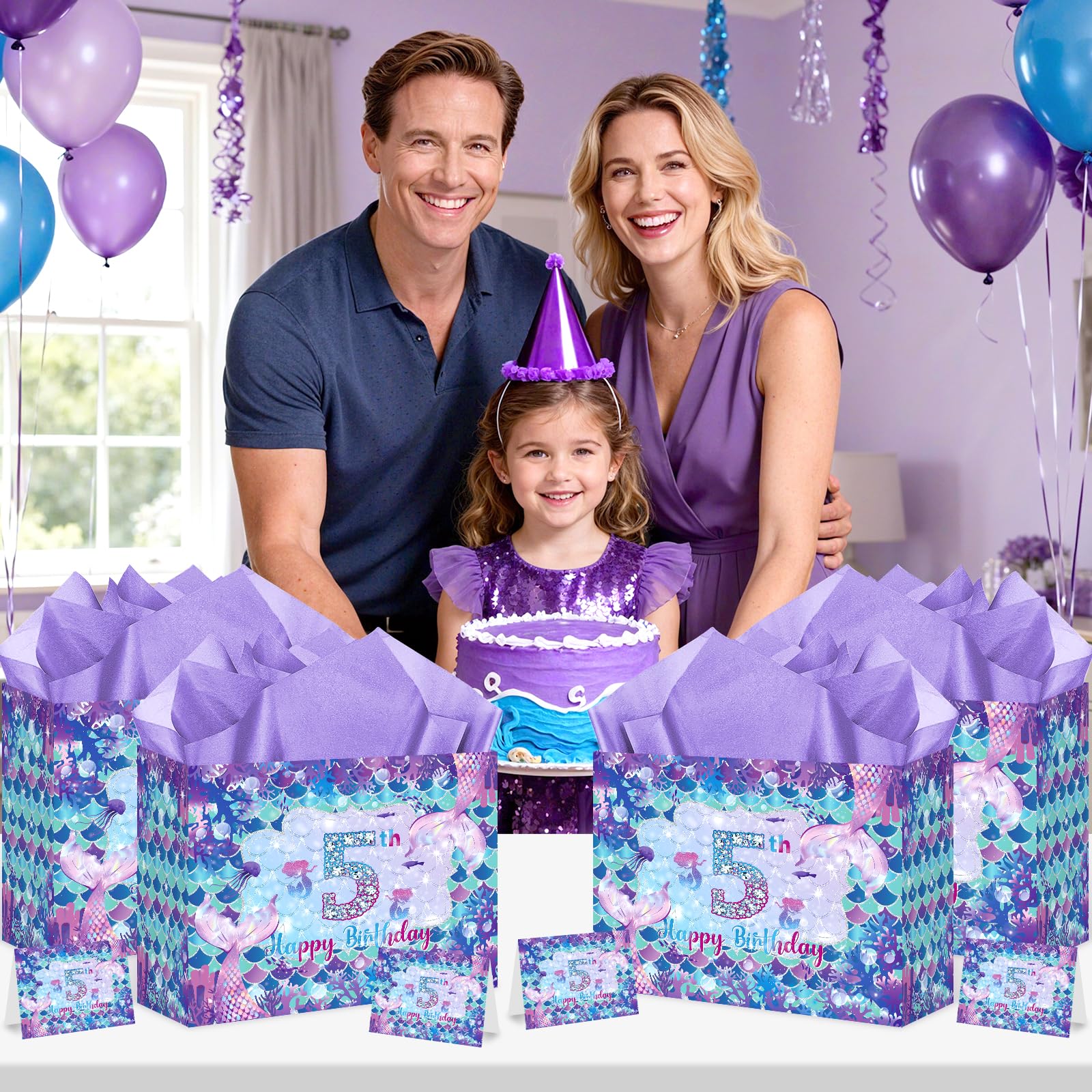 LUUFILx 5th Mermaid Birthday Gift Bag for Girls 5th Purple Mermaid Theme Birthday Wrapping Paper with Tissue Paper Greeting Card Purple Gift Bags with Ribbon Handle for Baby Shower Decor Supplies