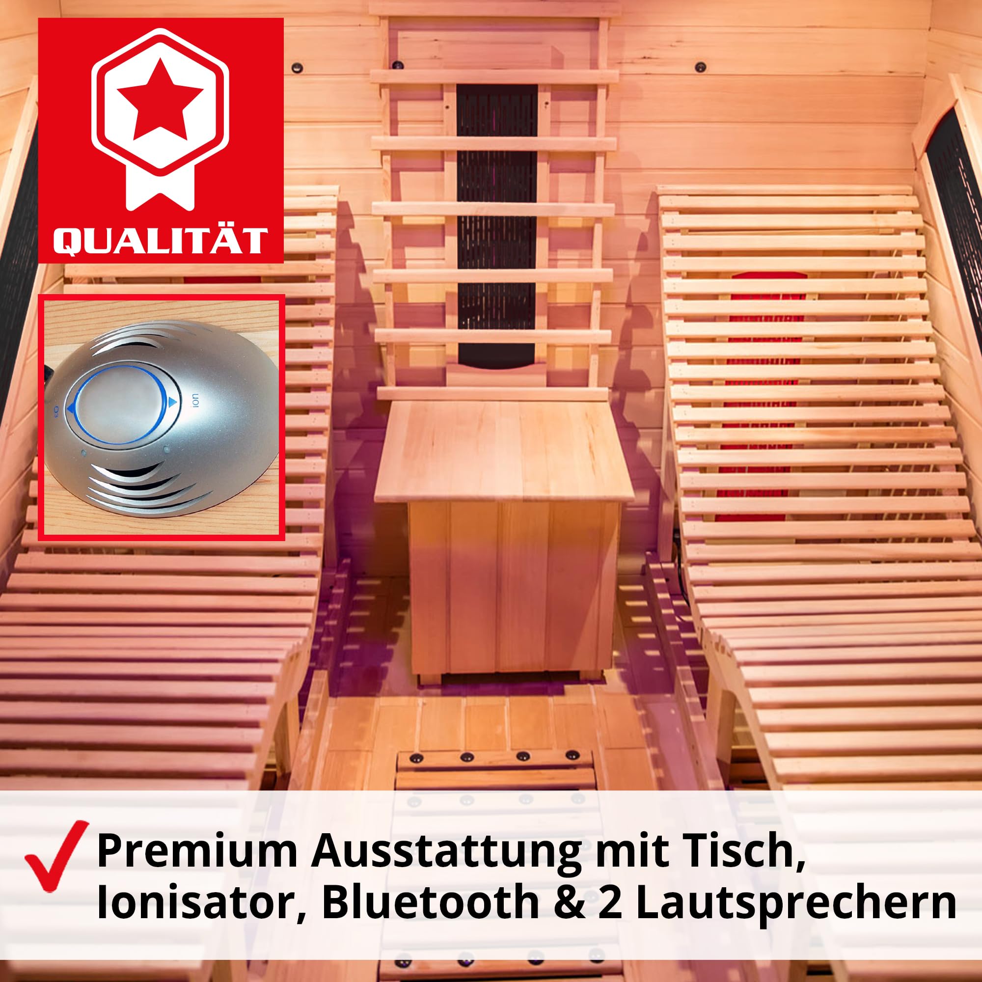 HECHT Infrarotkabine 2 Personen – Sauna mit Keramikstrahlern | 180x180x190 cm Infrarotsauna mit Flächenstrahlern, Farblichttherapie, Relaxliegen, MP3-Player, Radio und Ionisator