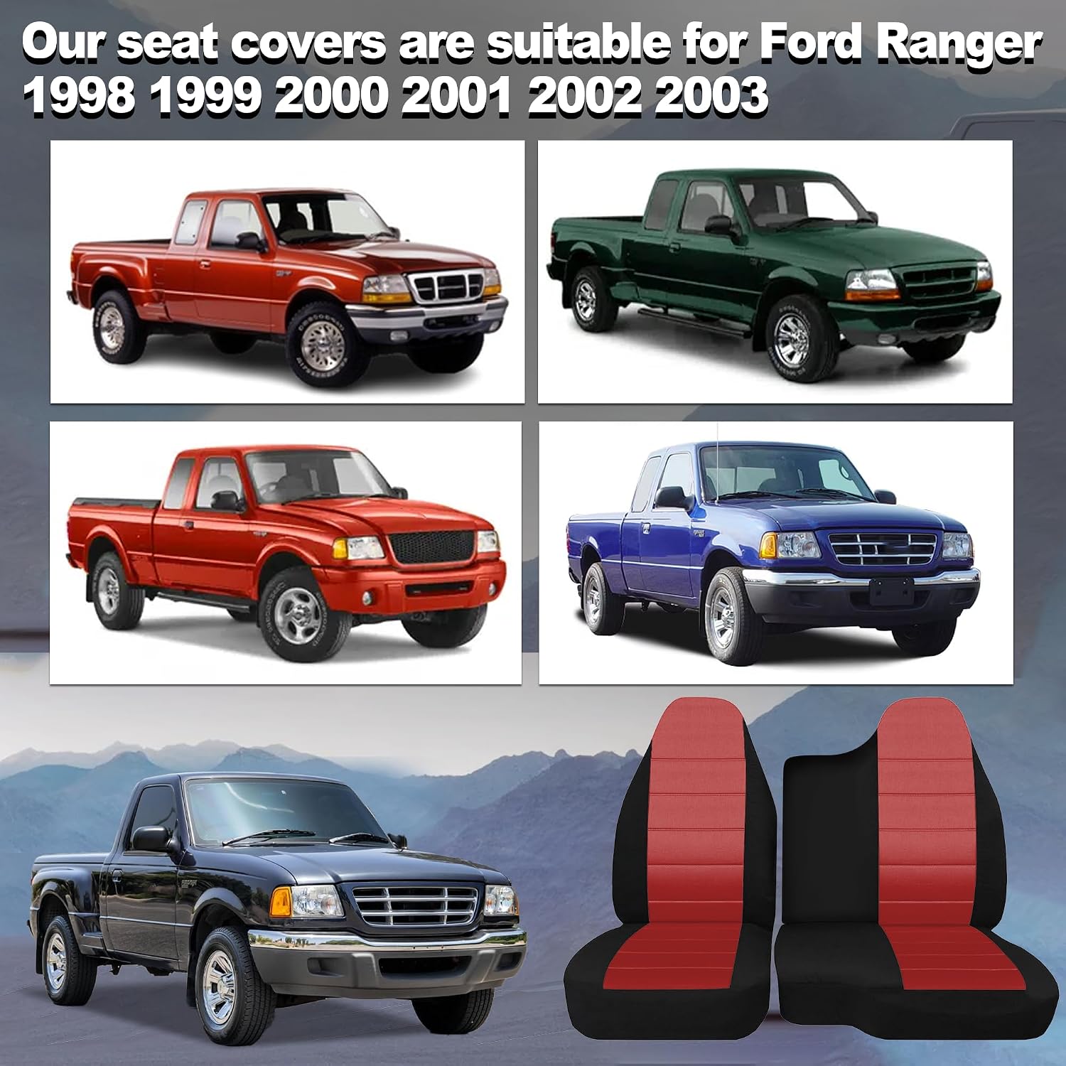 Oxford Cloth Seat Covers for Ford Ranger 1998 1999 2000 2001 2002 2003 Fits 60-40 Bench Highback Seat, Waterproof & Durable Truck Pickup Seat Protectors-red