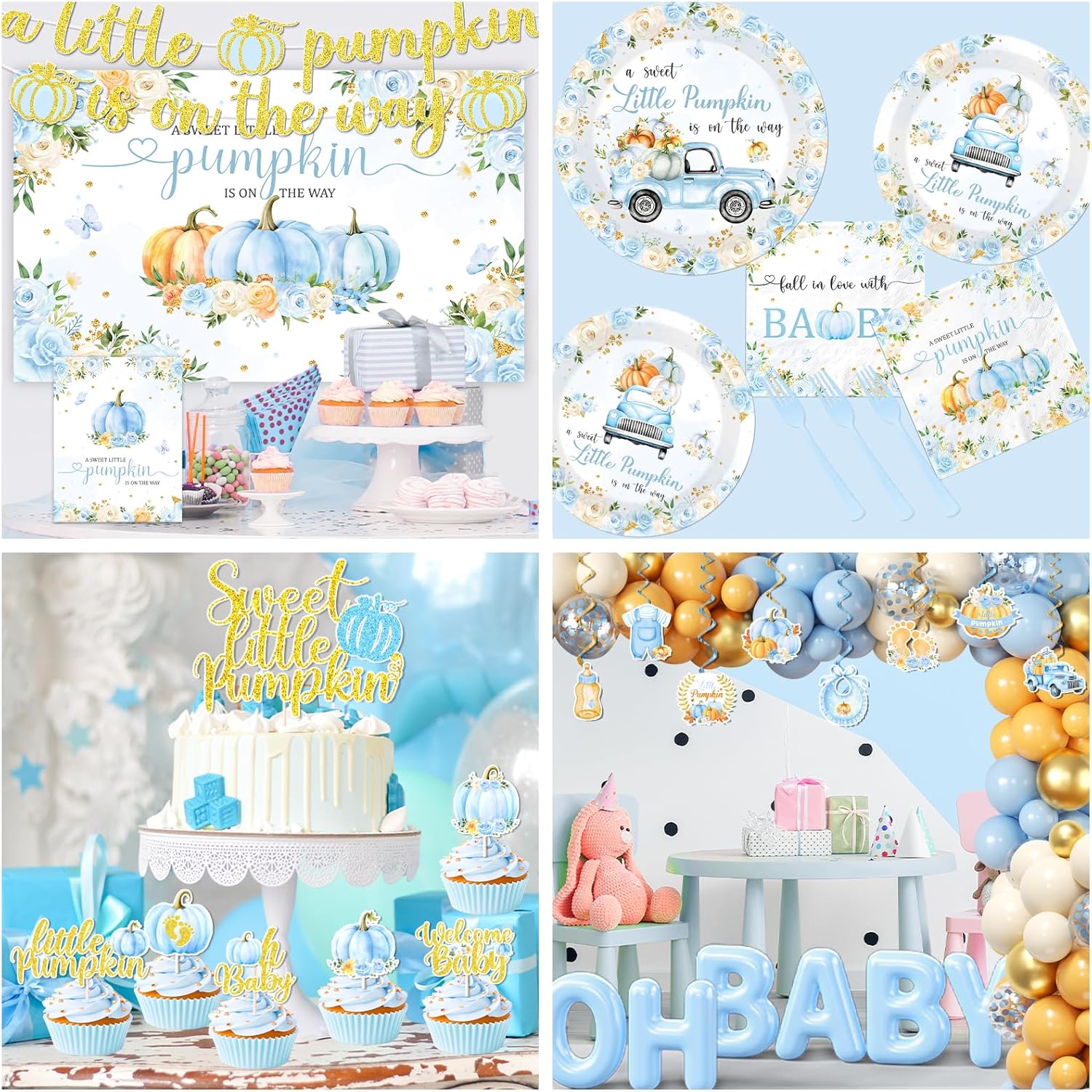 249pcs Little Pumpkin Baby Shower Decorations for Boy,A Sweet Little Pumpkin is On the Way Baby Shower,Blue Pumpkin Floral Balloons Plates Boxes Tablecloth for Fall Thanksgiving Autumn Party Decor