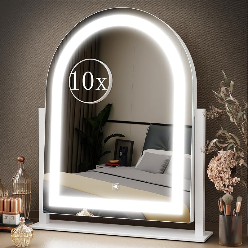 Espelho para maquiagem Gvnkvn arqueado com iluminação, 10X e 38,61 cm x 33,02 cm