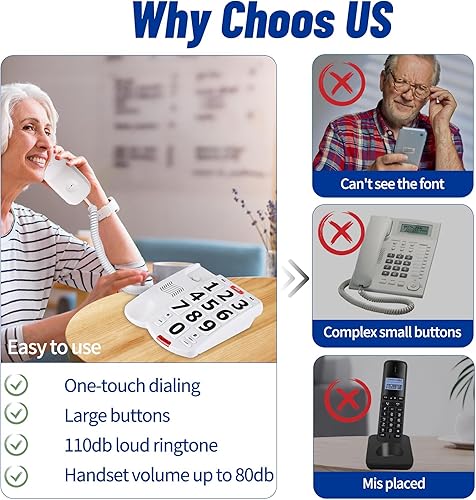 Miniatura 4 de Large Button Phones for Seniors, Land Line Phones for Elderly - Big Button Home Telephone for the Visually Impaired, 110dB+ Amplified Ringer & 90dB+