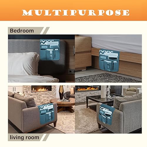Miniatura 5 de Soporte de control remoto para sillón reclinable, organizador antideslizante con 5 bolsillos para revista, tableta, teléfono, iPad (verde azulado)