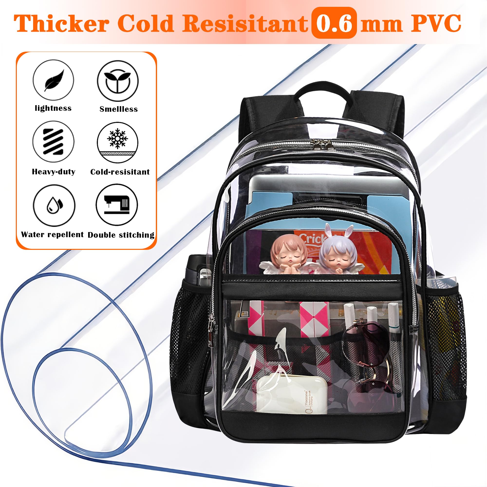 Zaino trasparente resistente – Grande borsa trasparente per scuola, università, lavoro, viaggi e sicurezza, Viola chiaro, Large, Zaino trasparente