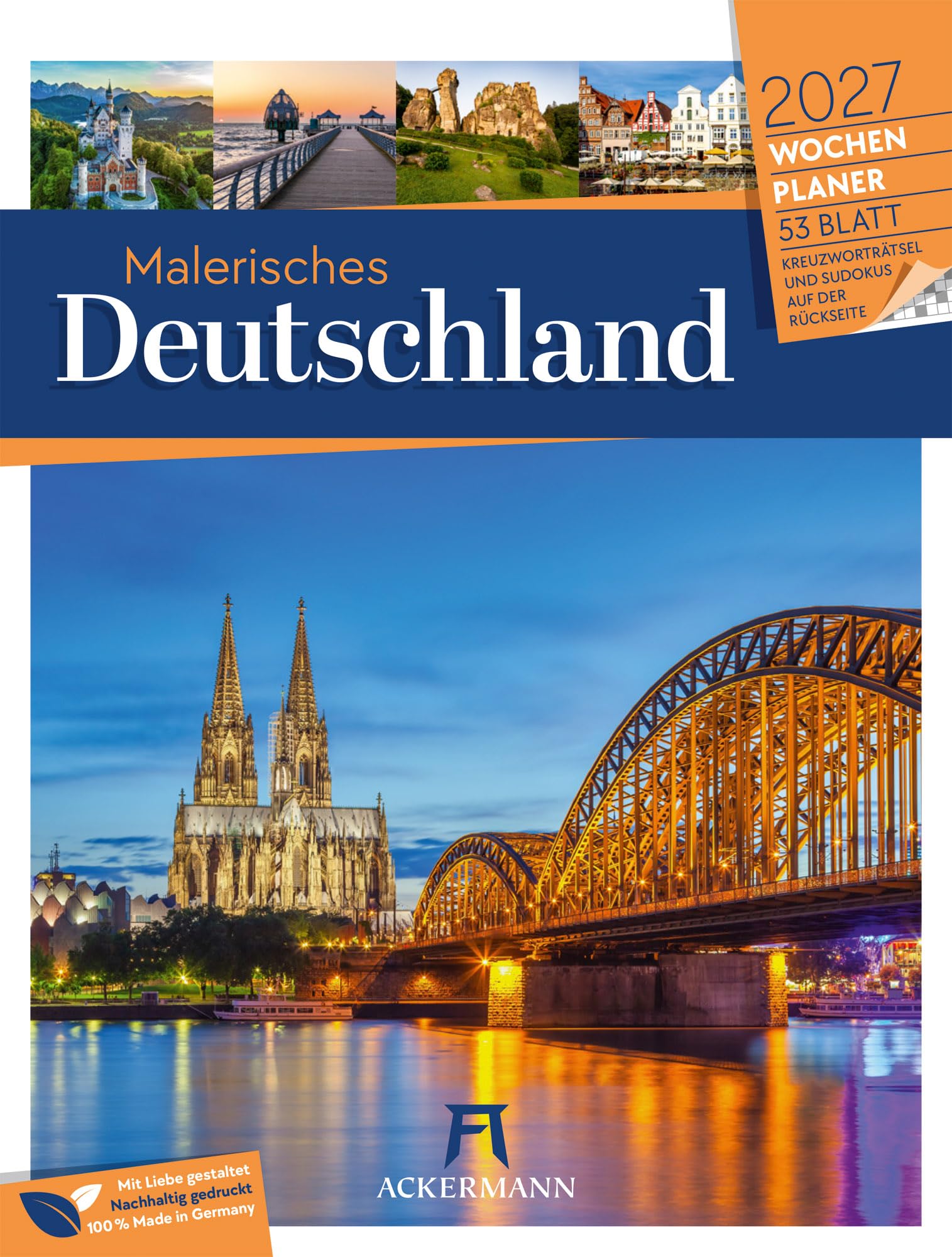 Malerisches Deutschland Wochenplaner Kalender 2027 | Landschaften und Sehenswürdigkeiten im Hochformat (25x33 cm) | Wochenkalender mit Rätseln