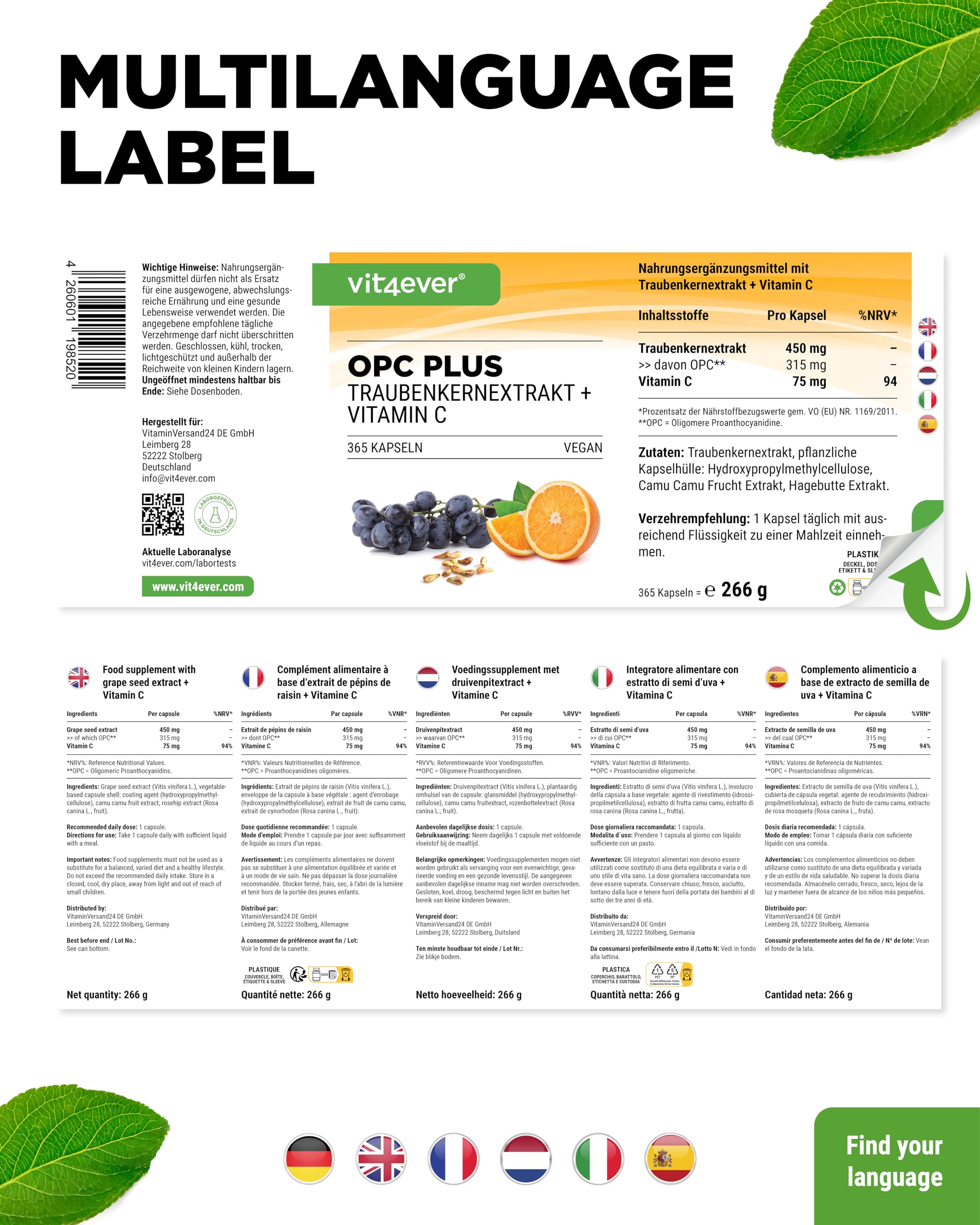 vit4ever OPC Traubenkernextrakt + Vitamin C - 365 Kapseln 315mg OPC | 450 mg Traubenkernextrakt, 75 mg Vitamin C, 12 Monatsvorrat, vegan