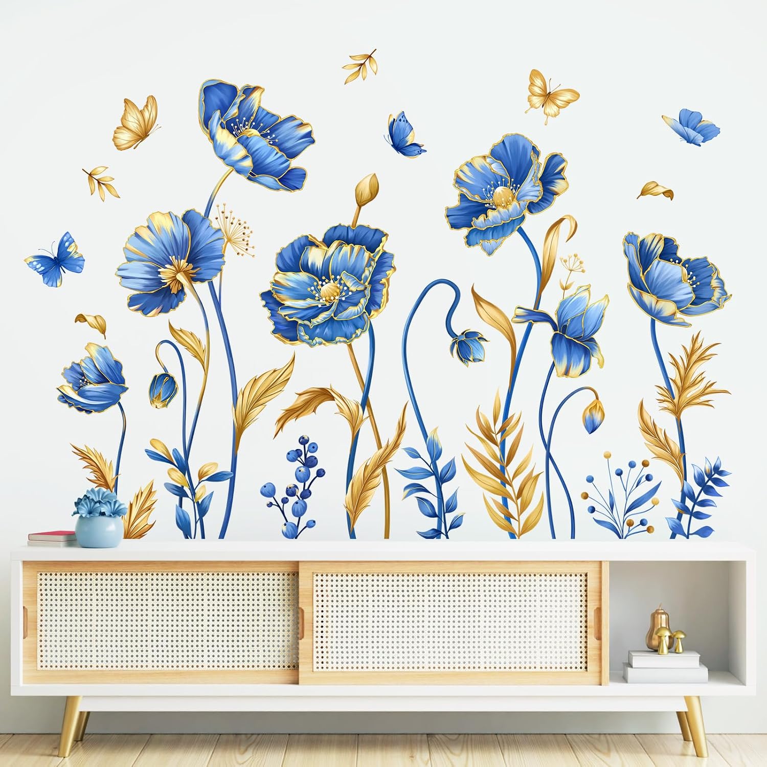 Large Blue Flower Wall Decals Floral Butterfly Plants Gold Leaves Removable Vinyl Wall Stickers & Murals Peel and Stick for Bedroom Living Room Sofa TV Background Decor