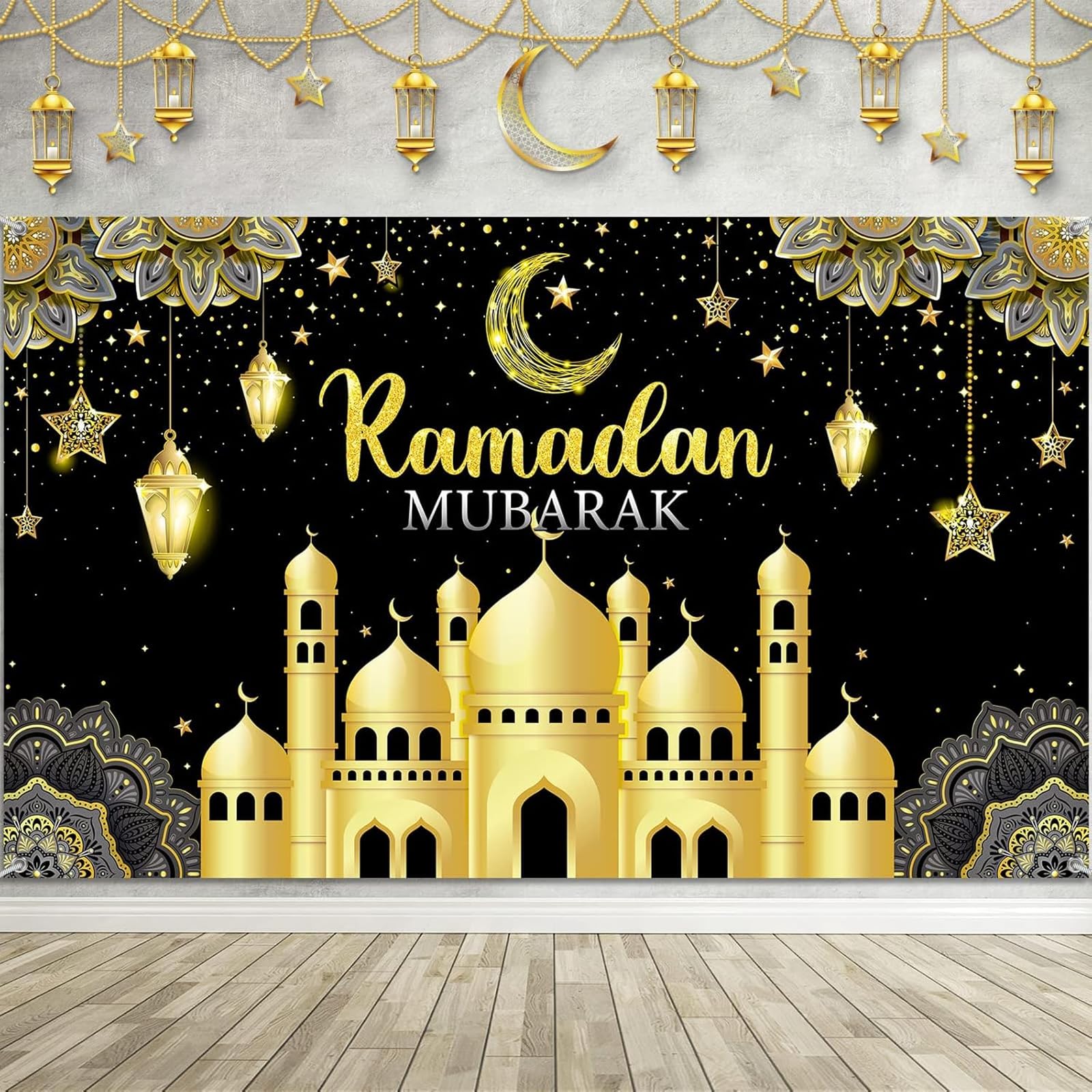 Ramadan Decorations Moon Star Night Sky Lantern Design with Lights and Building Backdrop180x110cm for Photo Props Outdoor Indoor Ramadan Party Supplies and Eid Mubarak Wall Decor Banner