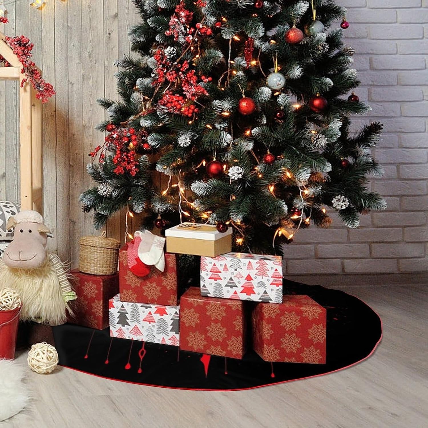 Christmas Tree Skirt,for Xmas Tree Holiday Party Decorations Eye of Hell Printed Christmas Tree Mat Red Lace-up Christmas Tree Dress